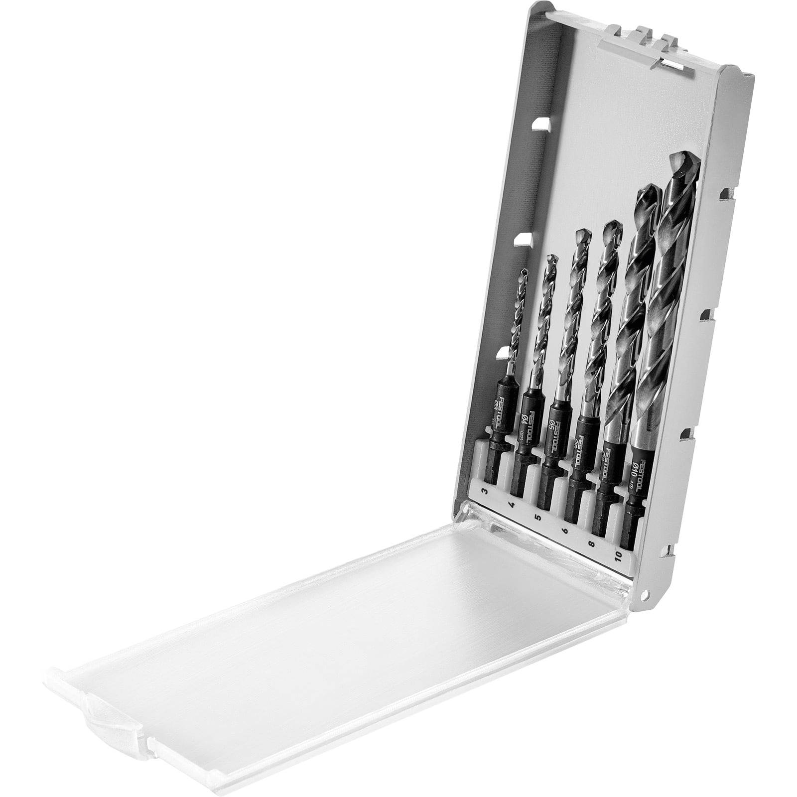 Ein Satz von sechs Bohrern in unterschiedlichen Größen wird in einer offenen weißen Kunststoffbox präsentiert.