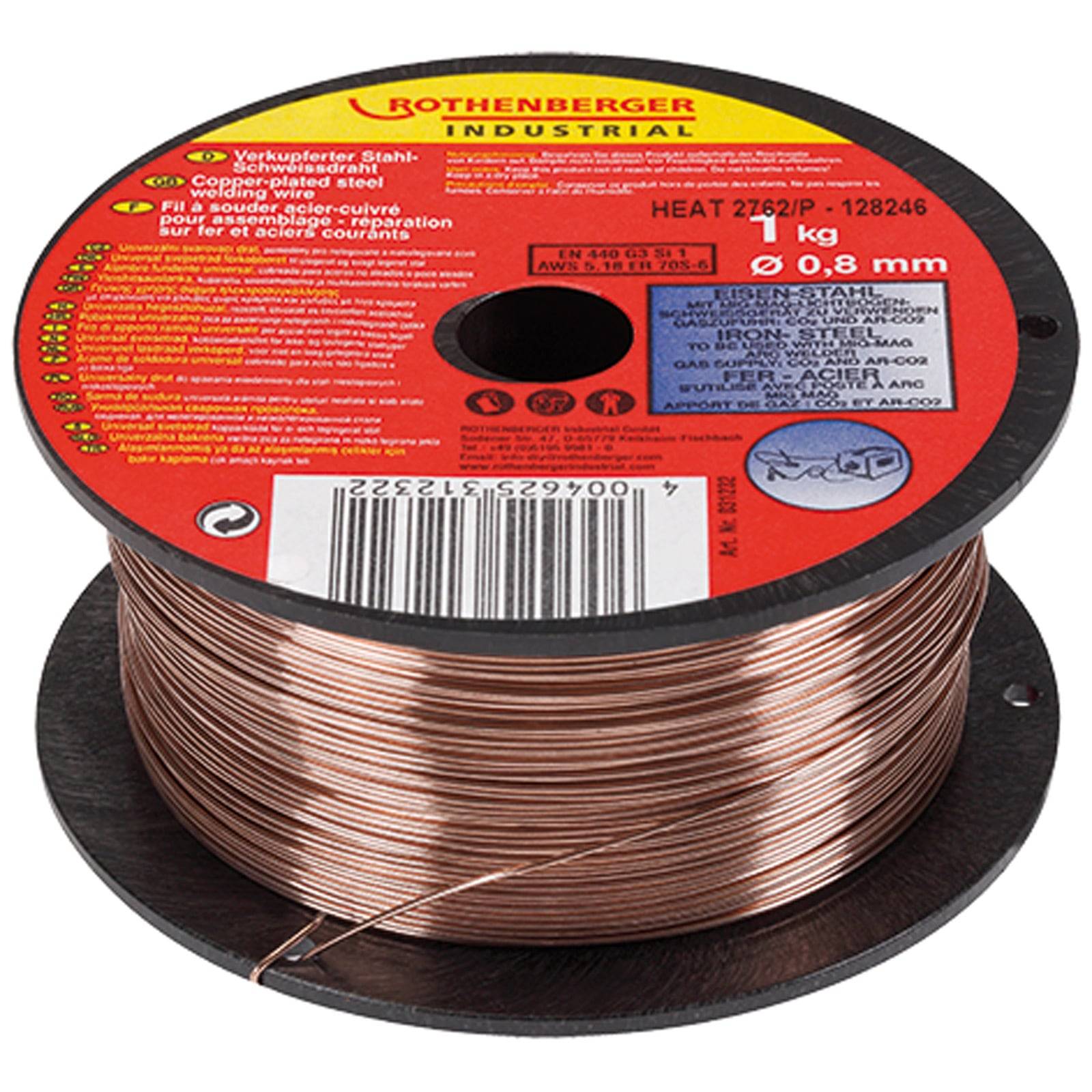 Kupferdrahtspule von 'Rothenberger Industrial', beschriftet mit '0,8 mm', mit einem Gewicht von '1 kg.' Schwarze und rote Verpackung mit Produktdetails.