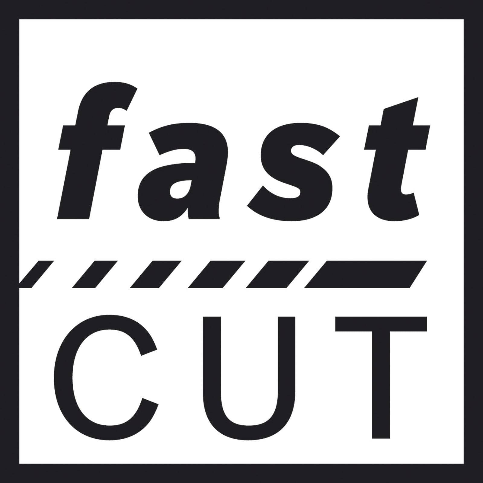 Logo 'Schneller Schnitt' mit fetter Schrift und stilisierten Linien, die Geschwindigkeit oder Bewegung andeuten.