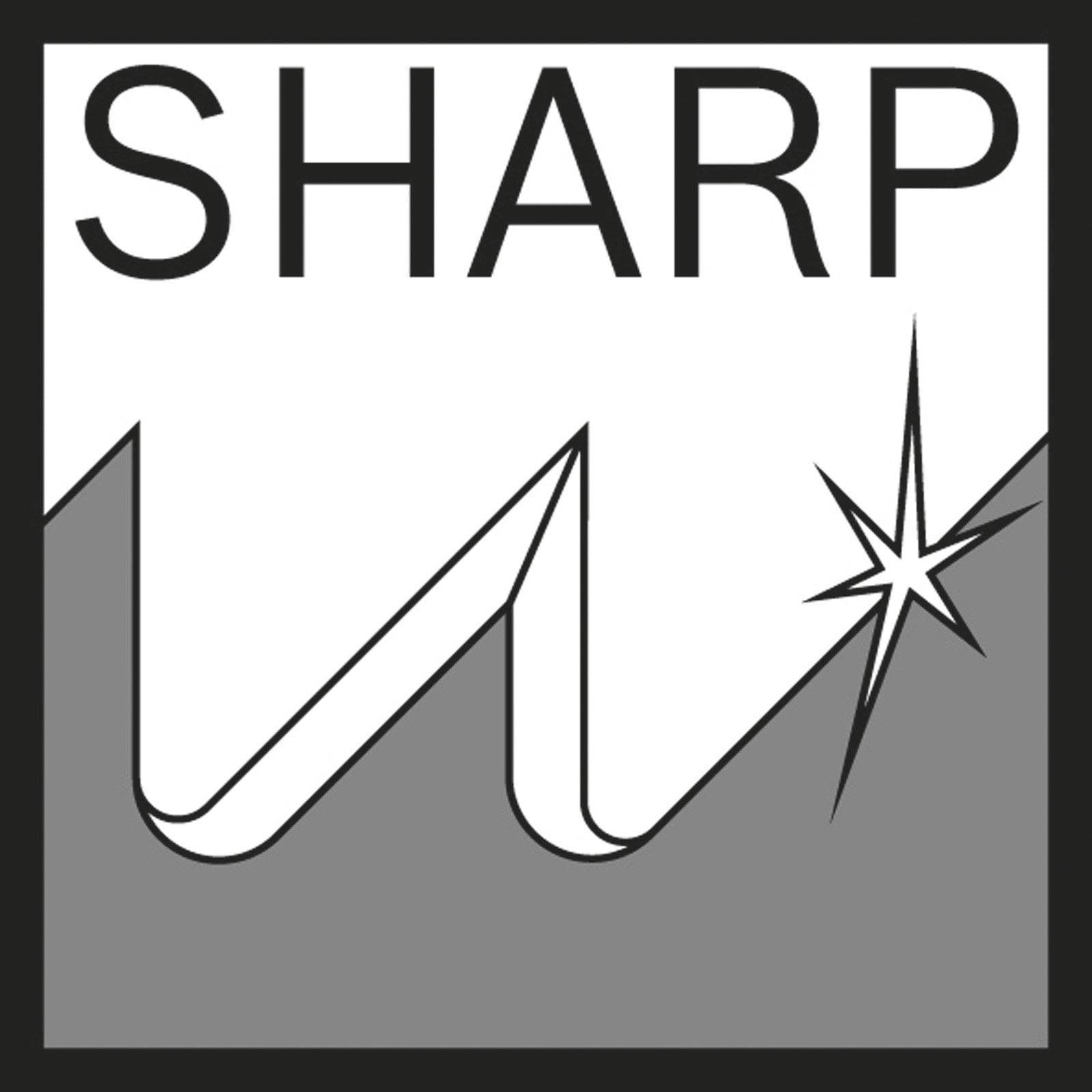 Ein schwarz-weißes Logo mit dem Wort 'SHARP' über einem stilisierten Zickzack-Design, das in einem Sternenbursteffekt endet, vor einem zweifarbigen Hintergrund.