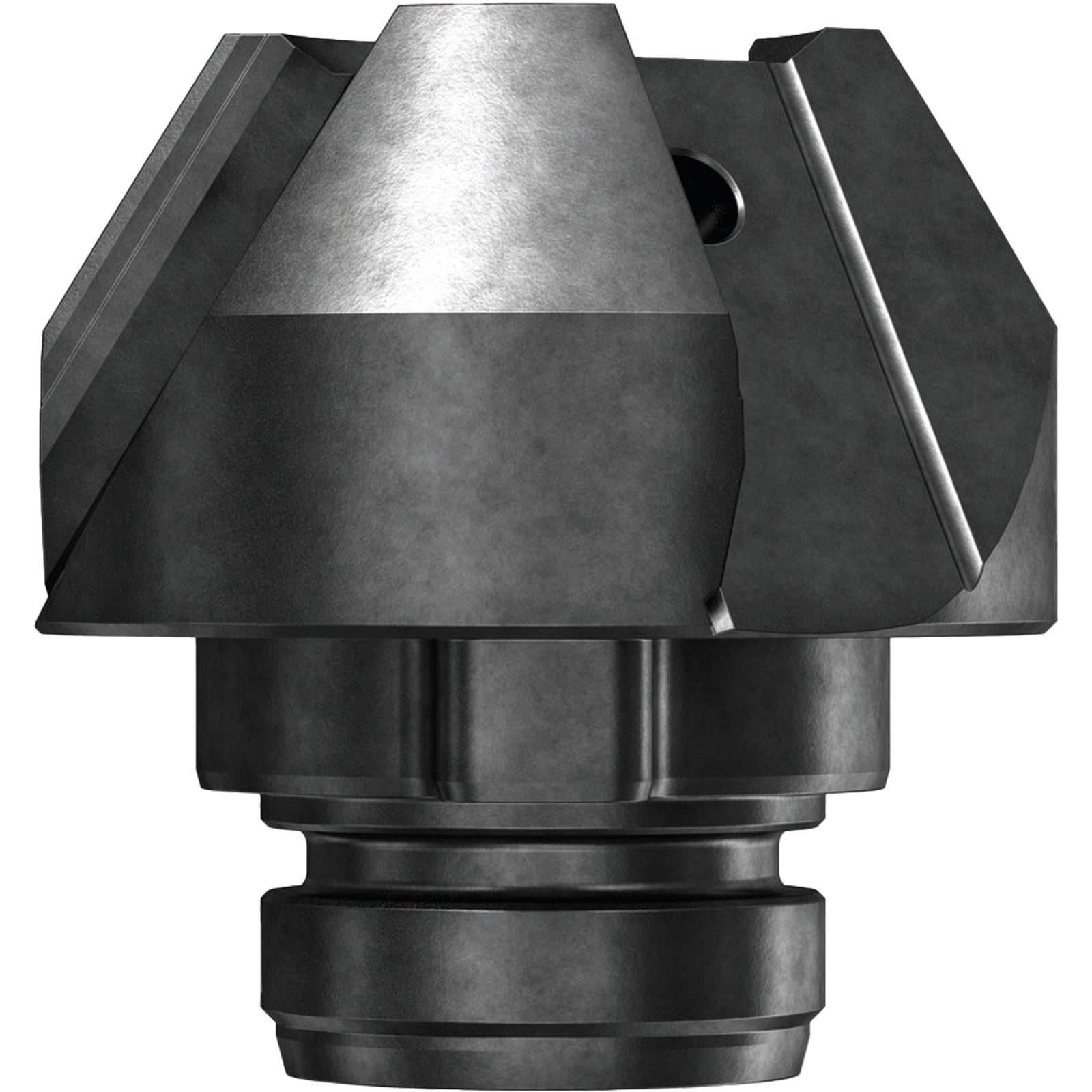 Ein metallisches, industrielles Werkzeugteil mit konischer Form und Rillen, möglicherweise ein Bohrer oder Schneidwerkzeug, vor einem einfarbigen Hintergrund.