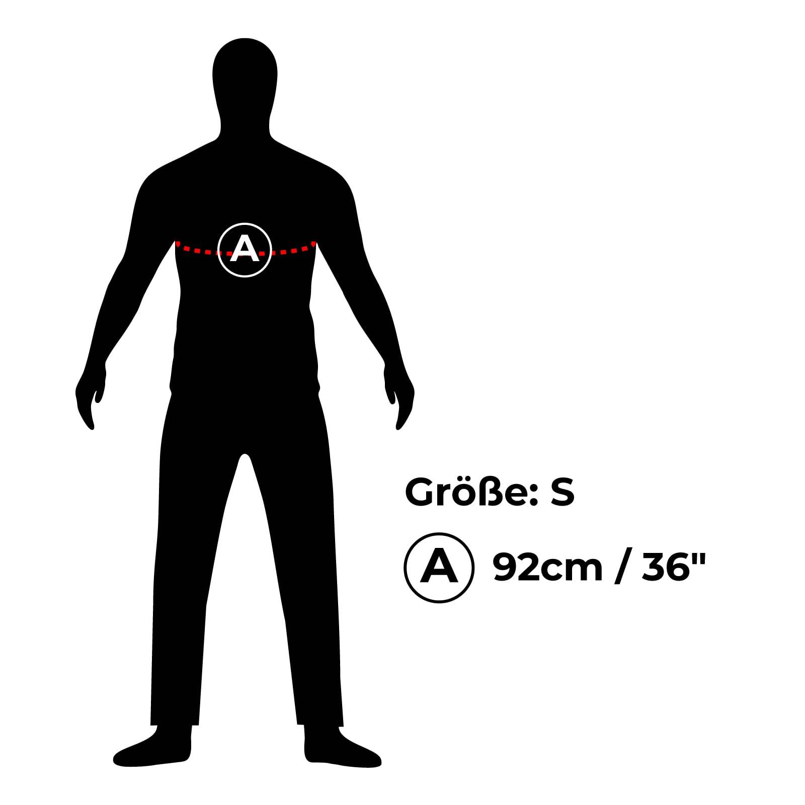 Silhouette einer Person mit einer roten Linie um die Brust, beschriftet mit 'A'. Text zeigt Größe 'S' mit Brustumfang '92cm / 36