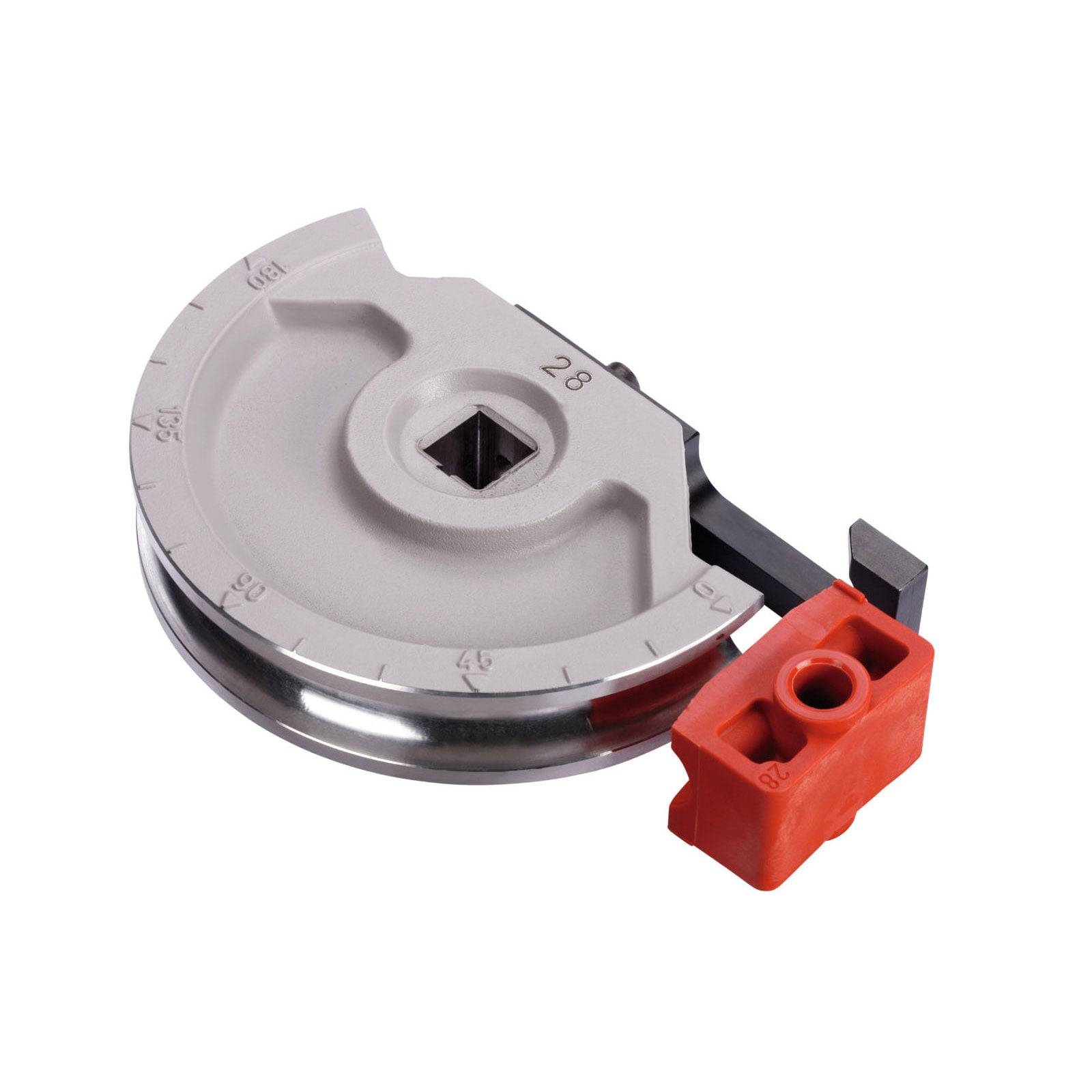 Ein kreisförmiges Metallgerät mit einer quadratischen Öffnung in der Mitte und Messskalen entlang des Randes, das eine rote Kunststoffkomponente an der Seite aufweist.