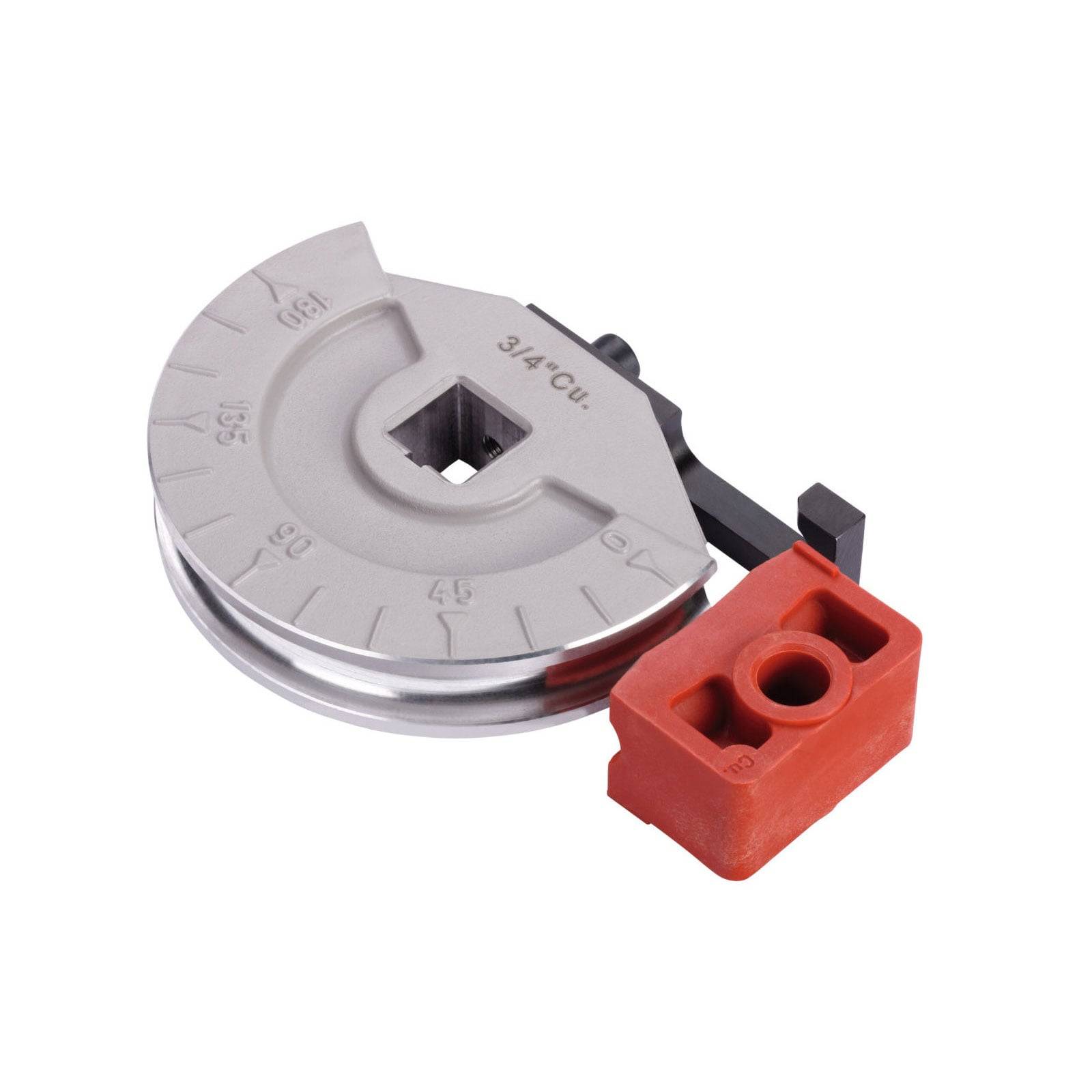 Ein Metallrohrbiegewerkzeug mit gravierten Messungen, versehen mit einer roten Kunststoffkomponente, entwickelt für präzise Biegewinkelaufgaben.