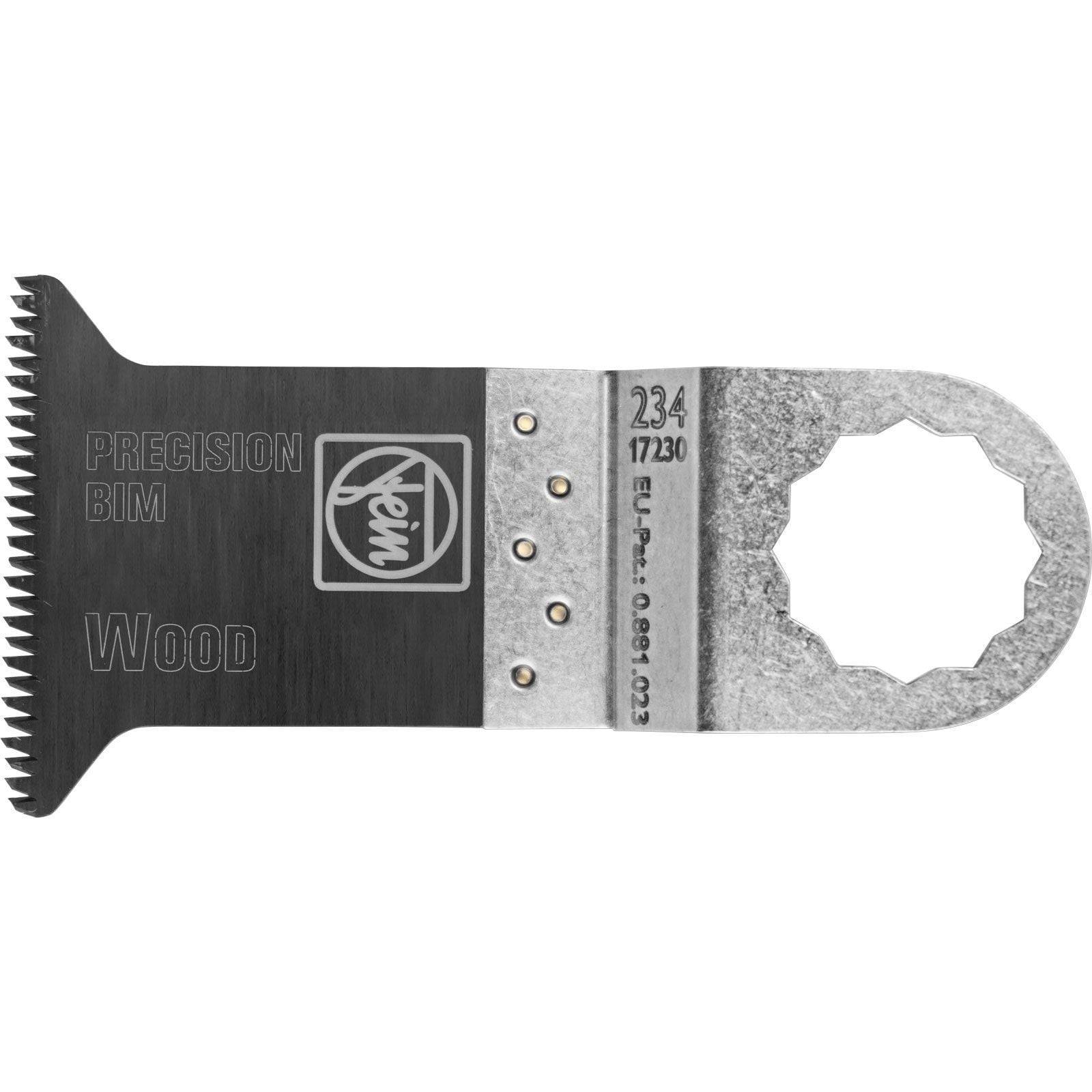 Oszillierendes Werkzeugblatt mit der Aufschrift 'PRECISION BIM Wood', ausgestattet mit einer gezackten Kante zum Holzschneiden, in der Mitte mit einem Logo versehen.