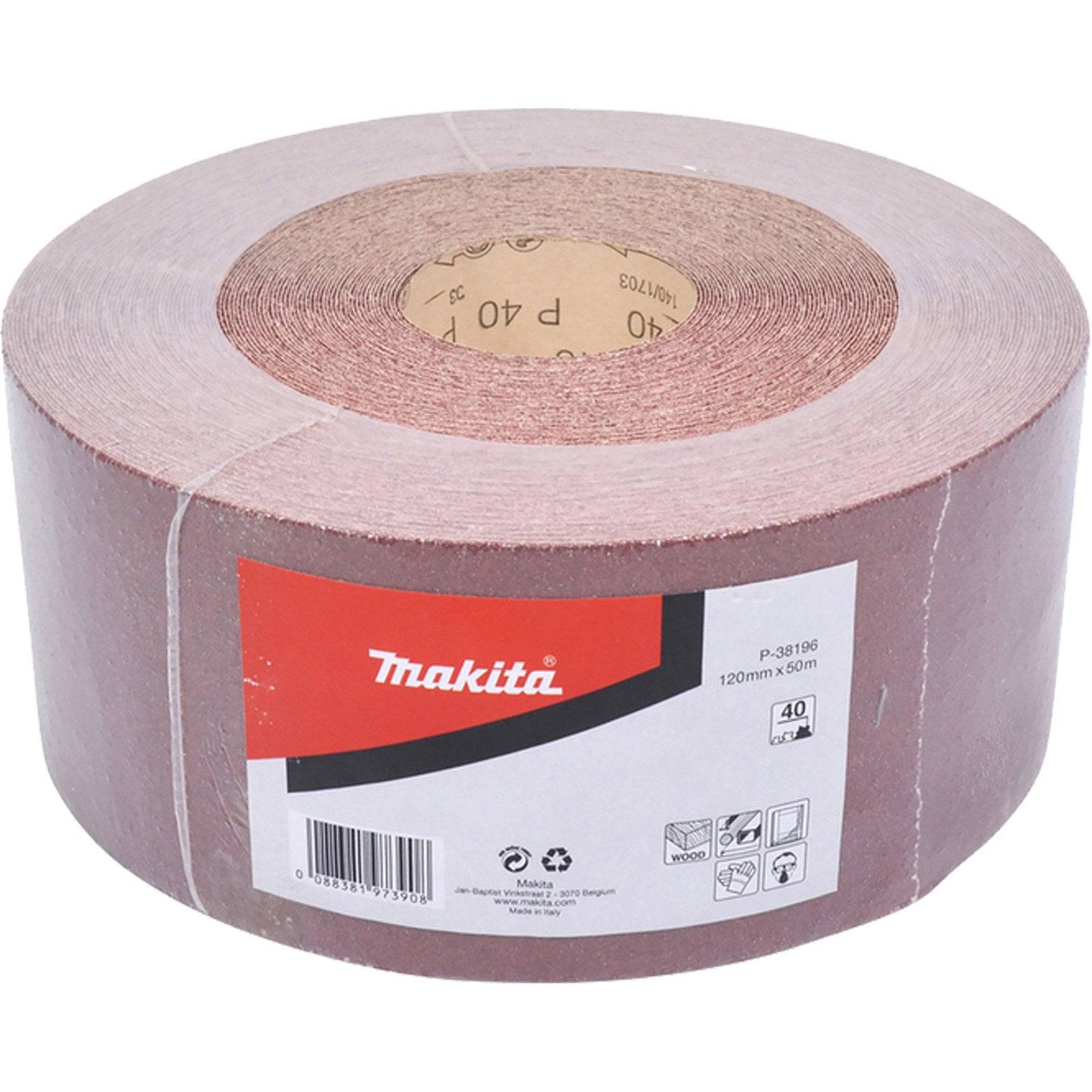 Eine große Rolle Makita Schleifpapier, 120mm x 50m, Körnung 40, mit einem rot-weißen Etikett, das das Markenlogo und Verwendungssymbole auf der Verpackung trägt.