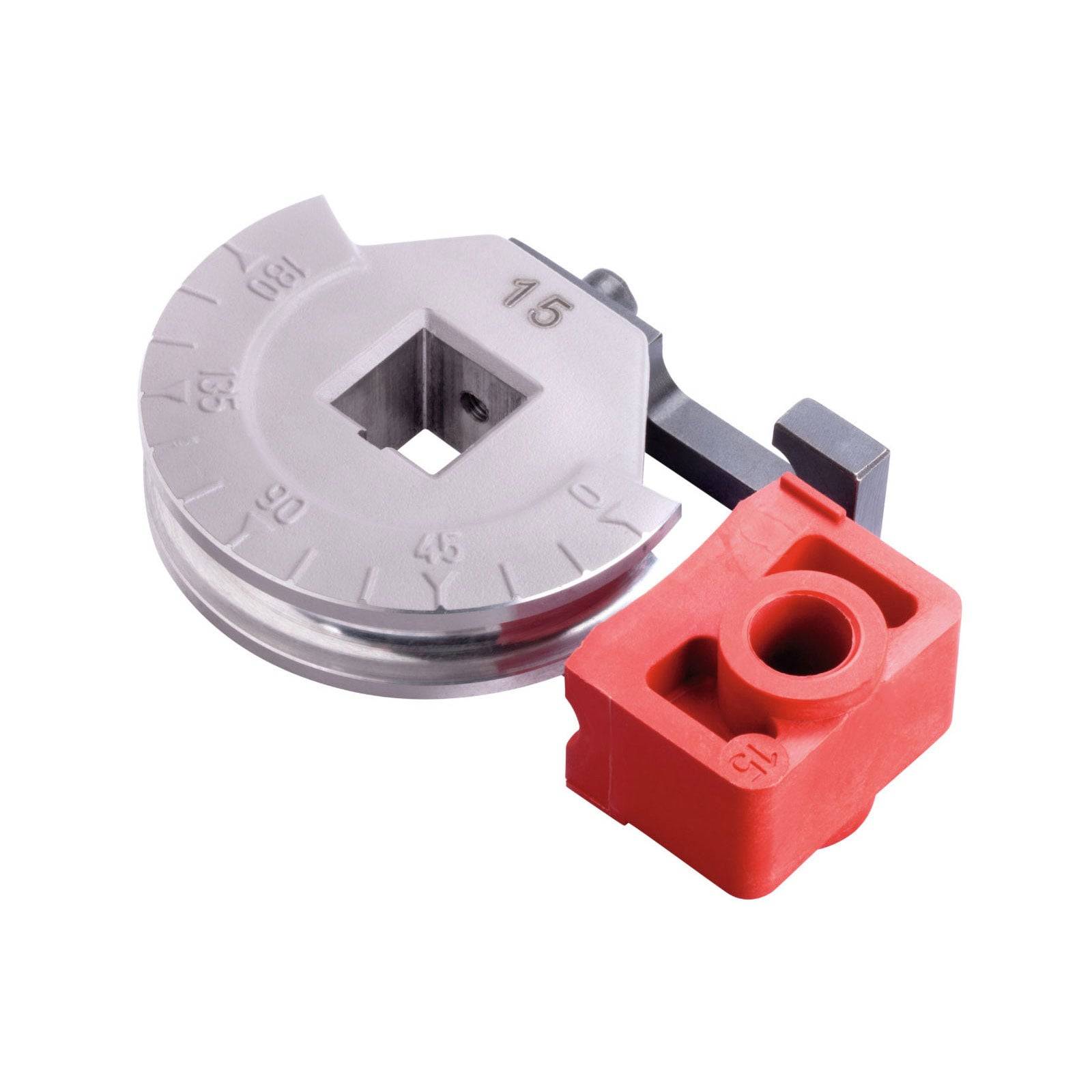 Ein Metallmessgerät mit gravierten Zahlen und einer roten Kunststoffanbringung, möglicherweise zur Kalibrierung oder Winkelmessung verwendet.