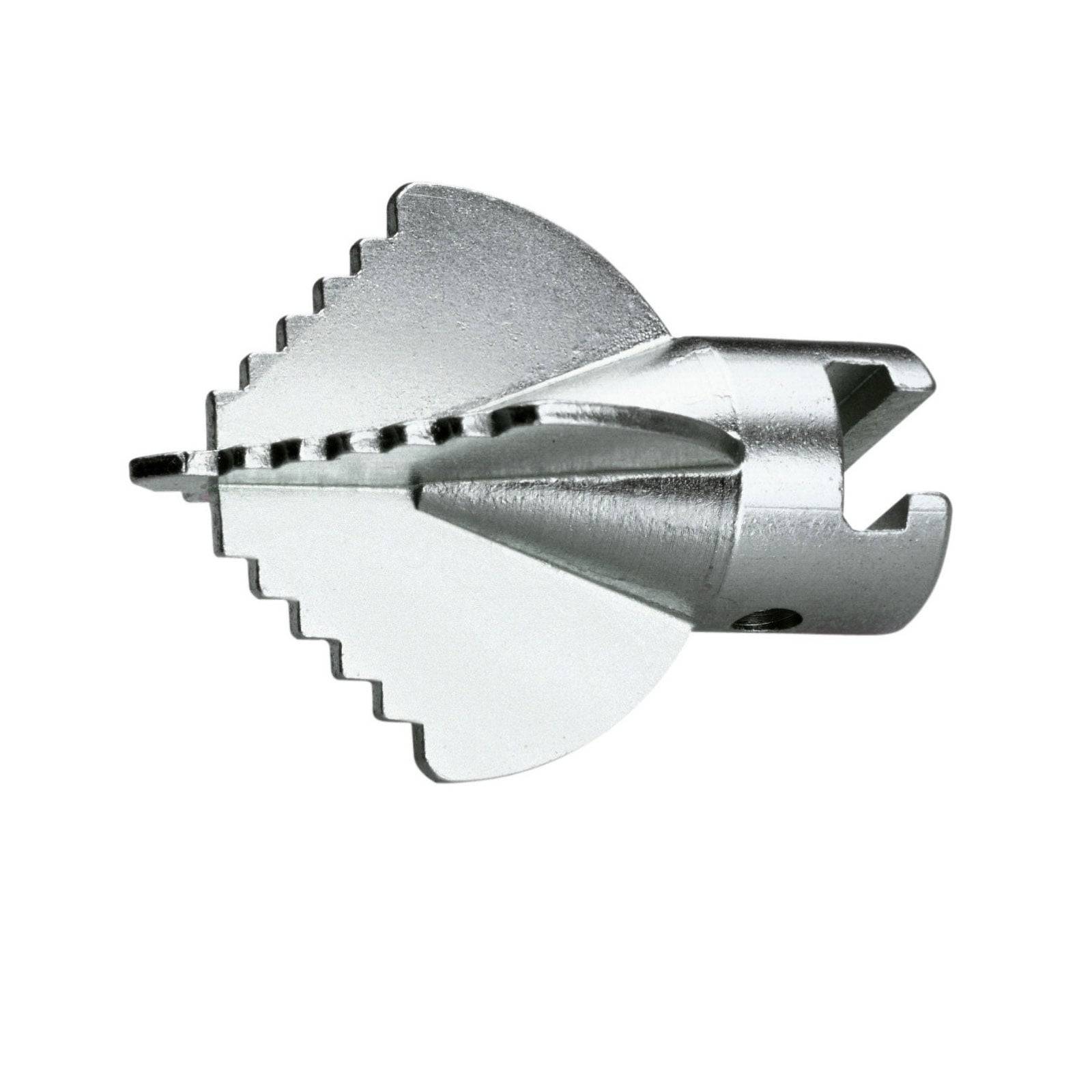 Ein metallisches Entgratungswerkzeug mit konischer Form, gezahnten Kanten und einem Loch in der Mitte, das zum Glätten von Kanten in Rohren oder Schläuchen entwickelt wurde.