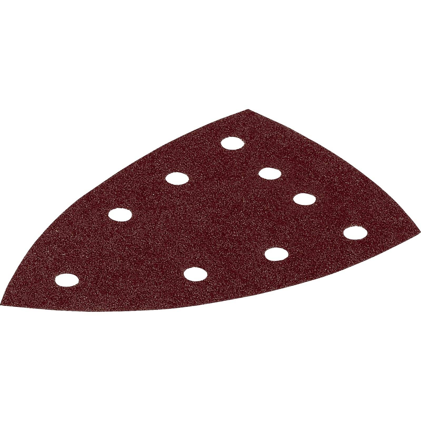 Ein rotes, dreieckiges Schleifpapierblatt mit mehreren runden Löchern für einen Deltaschleifer, verwendet zum Glätten von Oberflächen.