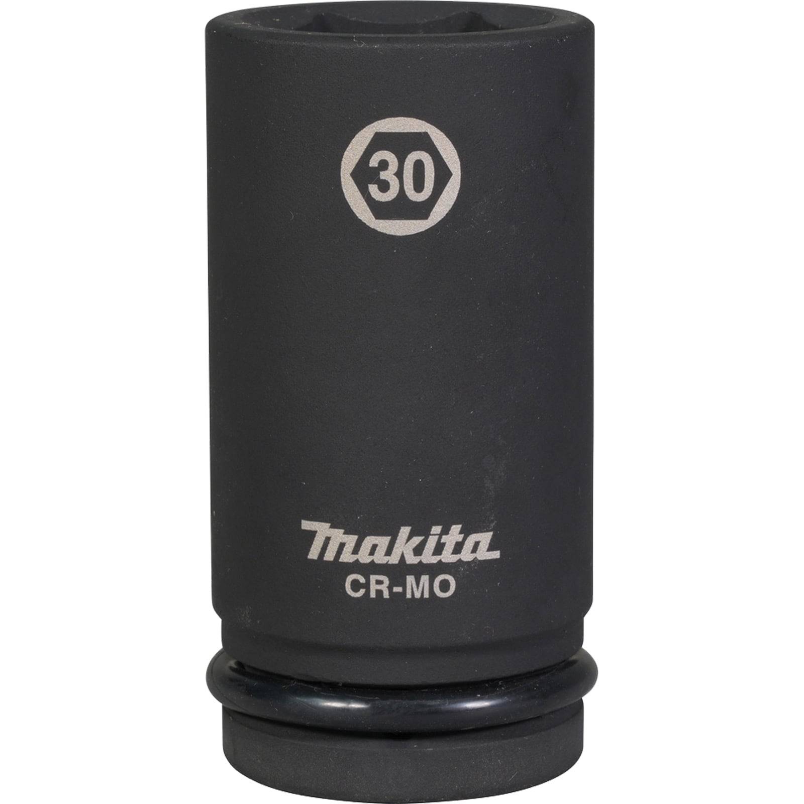 Eine schwarze Makita CR-MO Steckdose mit einem weißen Sechseck, auf dem die Zahl '30' zur Größenangabe aufgedruckt ist, die für Befestigungsaufgaben verwendet wird.