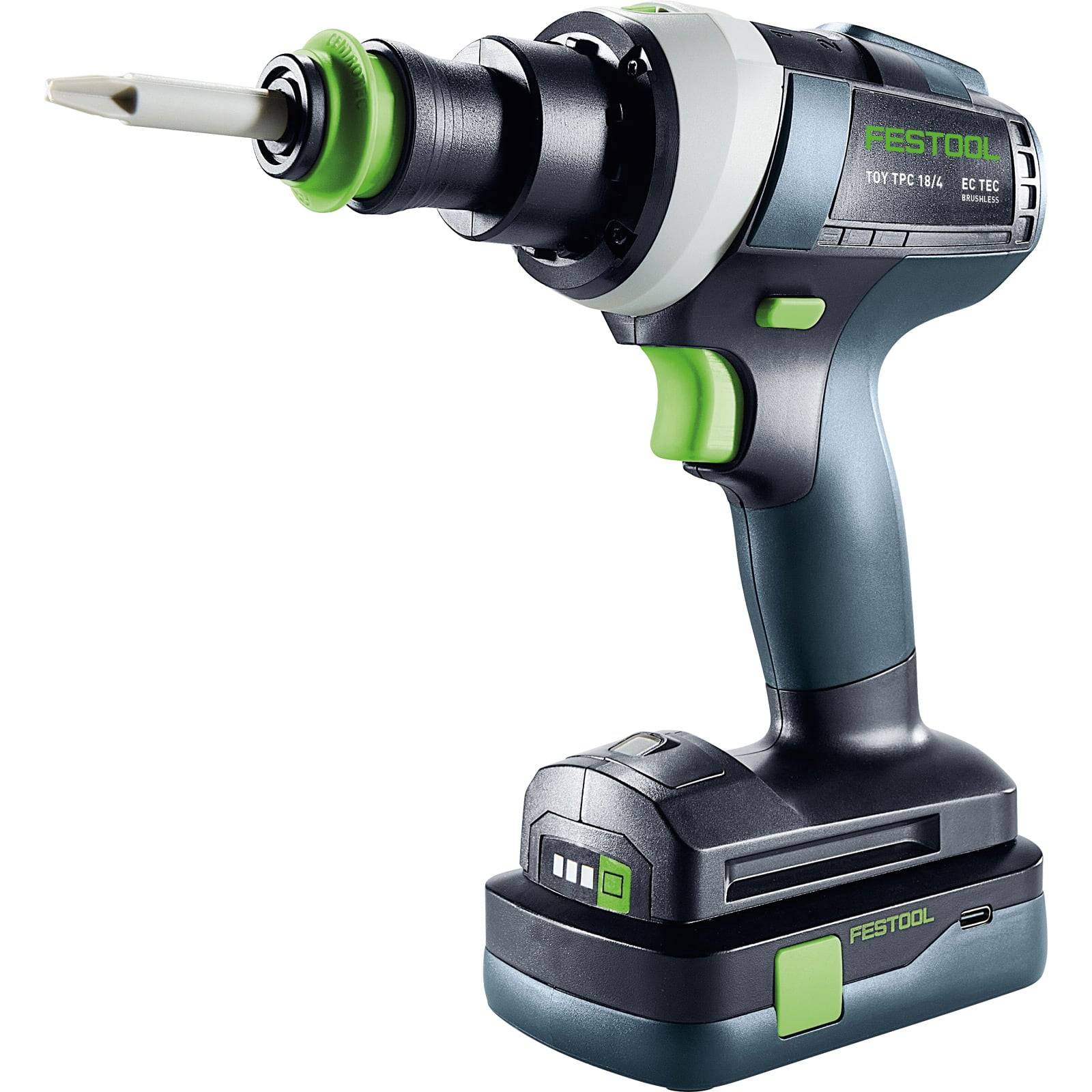 Akku-Bohrschrauber mit Akku, in einer zweifarbigen Schwarz-Grün-Optik, gekennzeichnet als Festool TPC 18/4.