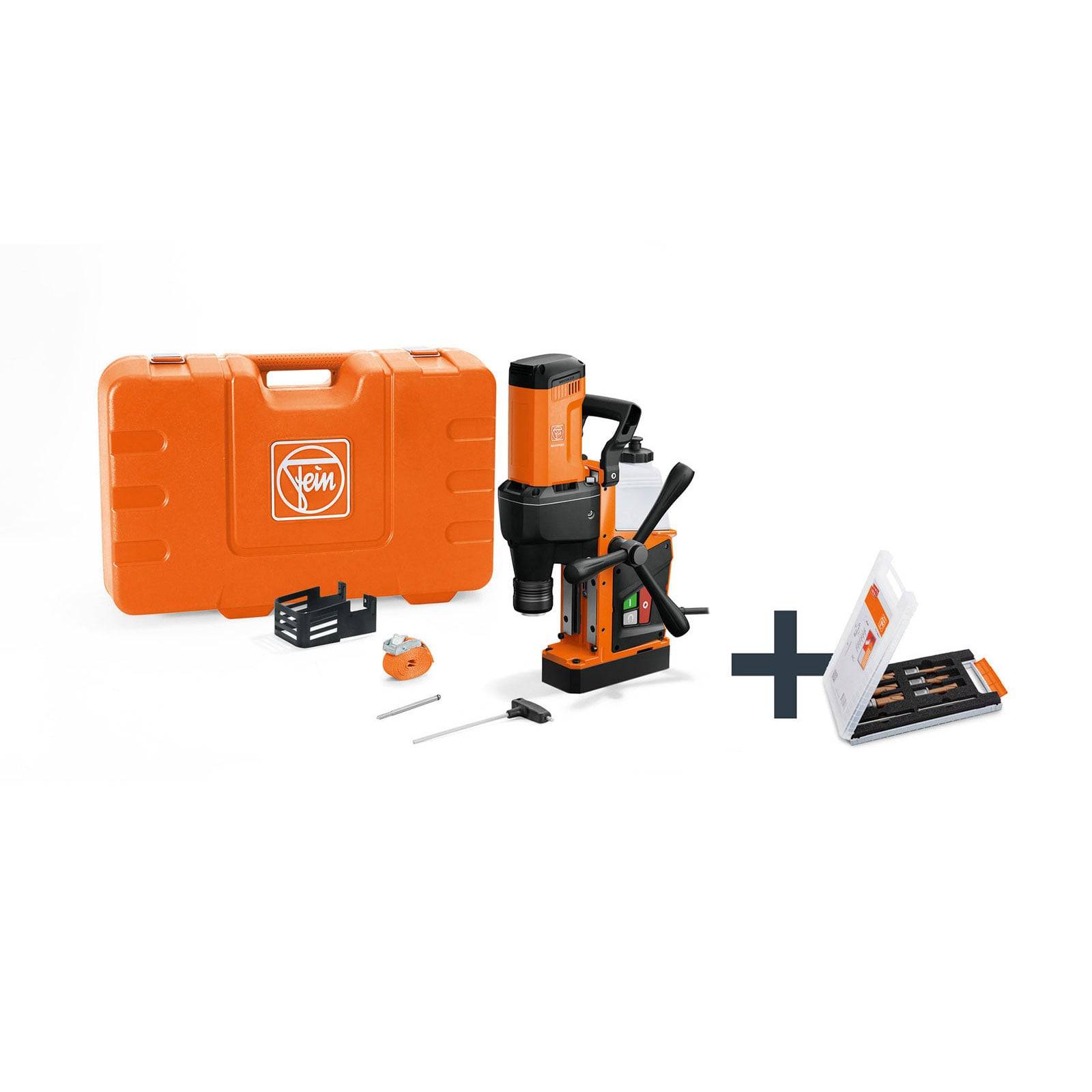 Orangefarbene kompakte Bohrmaschine mit Zubehör, Aufbewahrungskoffer und zusätzlichem Werkzeugsatz; entwickelt für präzise Bohrvorgänge.