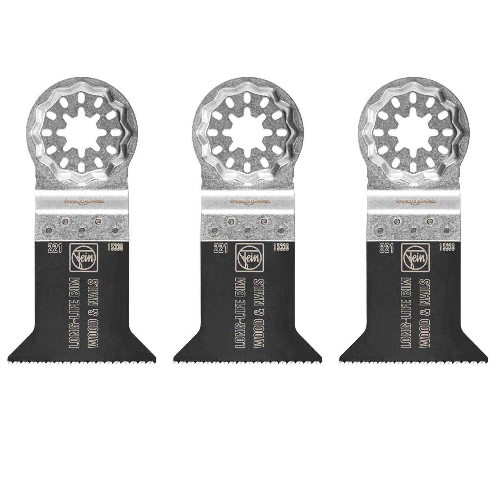 Oszillierwerkzeug-Sägeblätter für Holz und Metall von Fein, Modellnummern 221 und 1339, in einer 3er-Packung.
