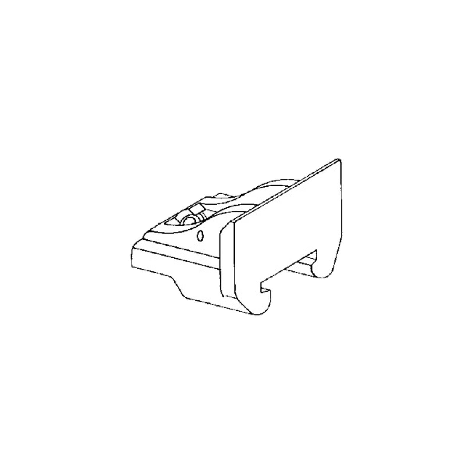 Strichzeichnung eines kleinen Geräts mit einem rechteckigen Hauptkörper und einem vorstehenden Hebel oder Schalter, möglicherweise eine mechanische Komponente.