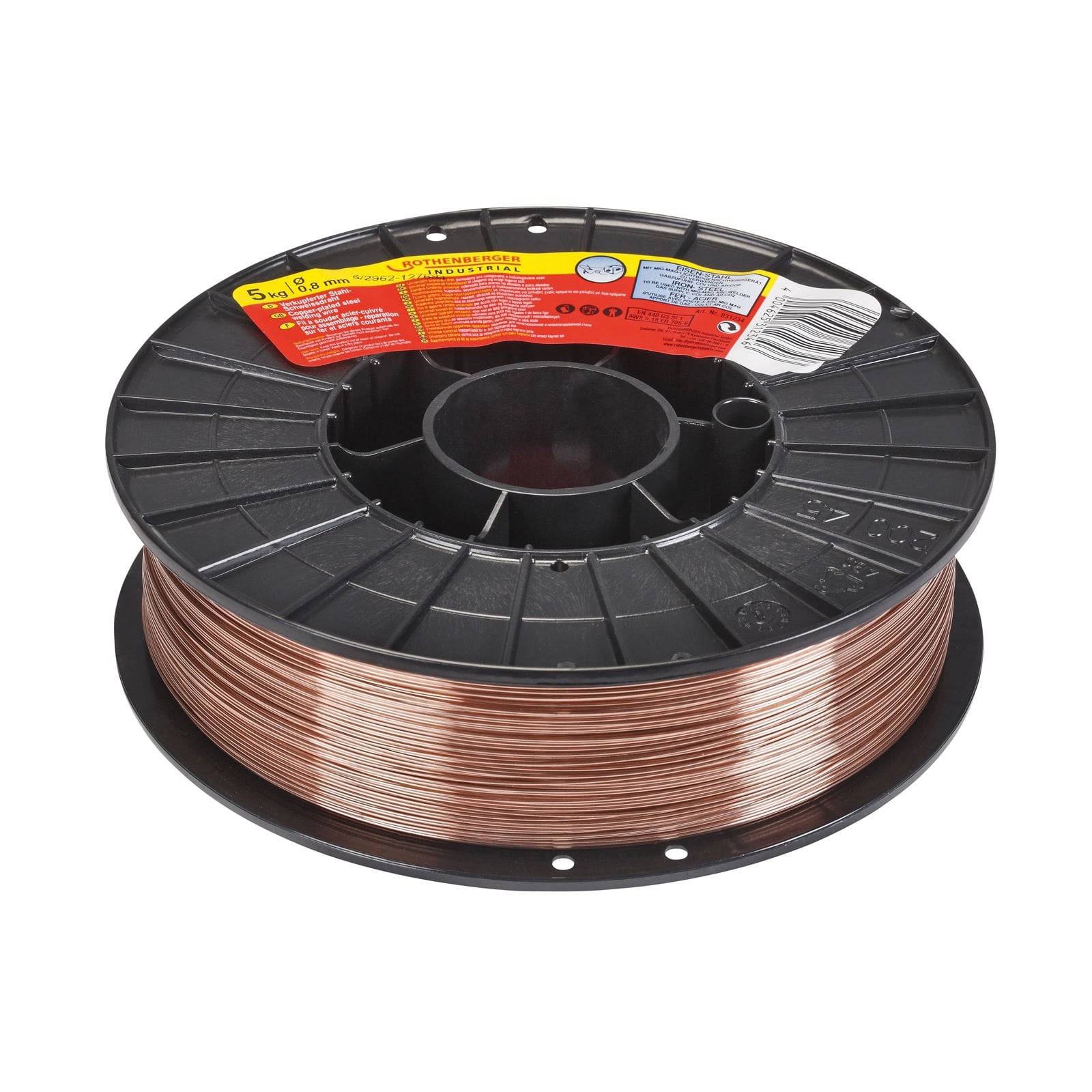 Eine Kupferdrahtrolle mit einer Etikette, die Spezifikationen und Sicherheitsrichtlinien zeigt.