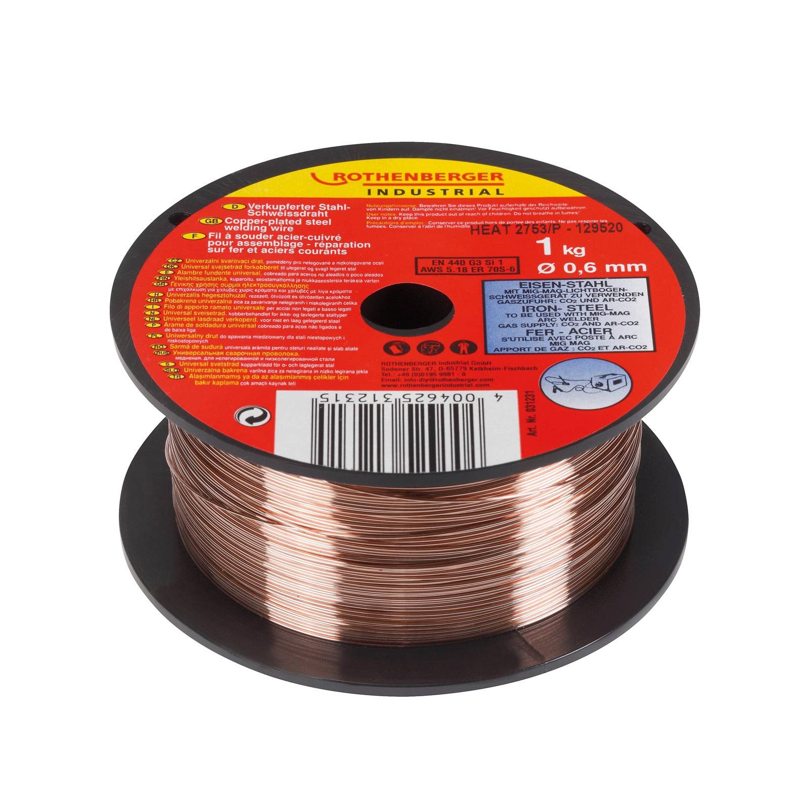 Eine Rolle Rothenberger Industrial Kupferdraht, 0,6 mm Durchmesser, 1 kg. Rotes Etikett mit Produktdetails und Sicherheitshinweisen.