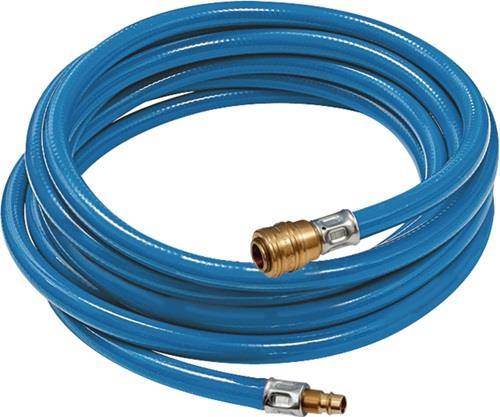 Ein aufgewickelter blauer Druckluftschlauch mit Messingfittings an beiden Enden, verwendet für pneumatische Werkzeuge und Ausrüstungen.