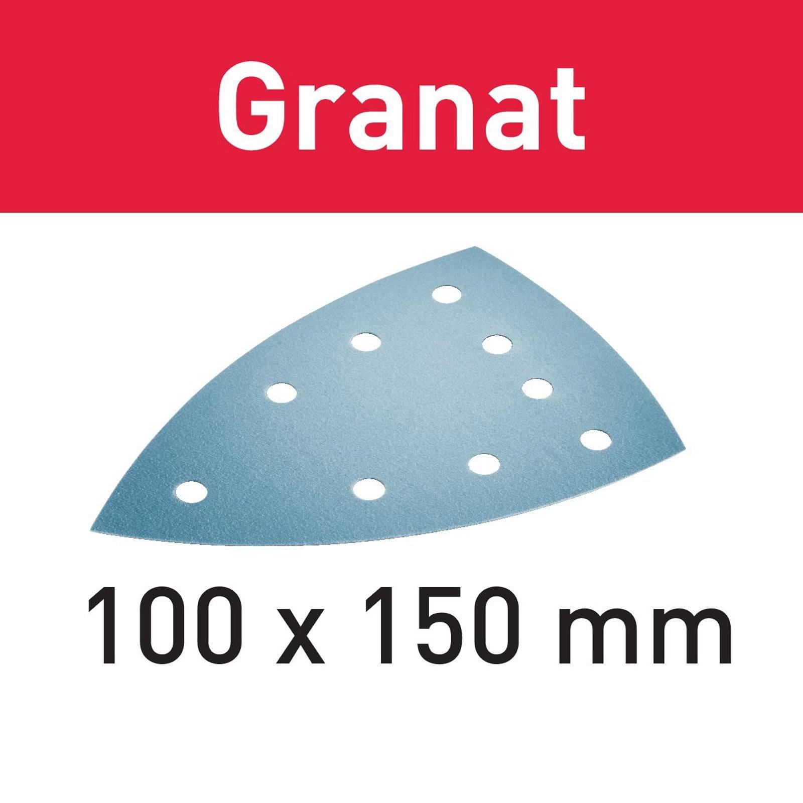 Schleifpapier-Bogen, Marke Granat, Größe 100 x 150 mm, mit mehreren Löchern, auf einem rot-weißen Hintergrund.
