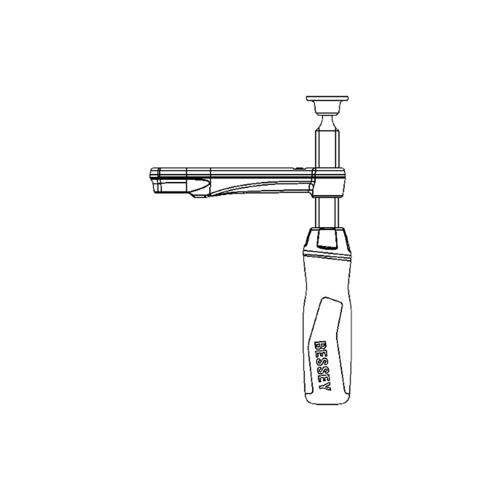 Eine Linienzeichnung einer C-Klemme mit dem Markennamen 'Bessey' am Griff, die das einzigartige Design der Klemme mit einem großen Griffhandgriff zeigt.