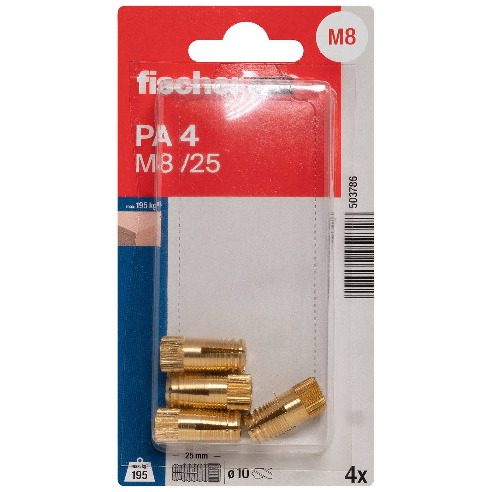 Paket mit vier Messingdübeln, beschriftet mit 'fischer PA 4 M8 /25' und sichtbarer Produktcode 503786.