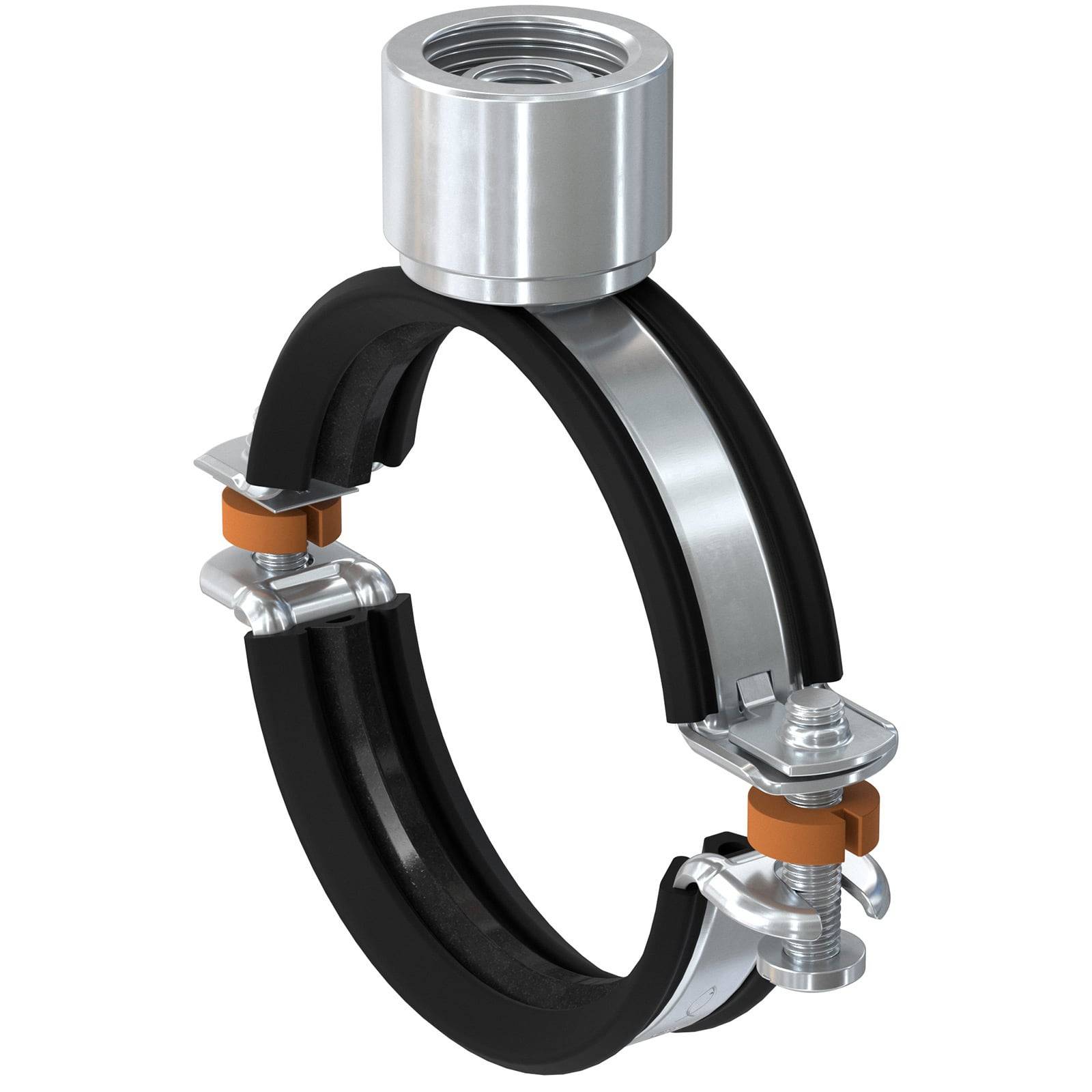 Eine Metall-Rohrschelle mit einer schwarzen Gummierung und einem Gewindeanschluss oben. Sie verfügt über verstellbare Schrauben an beiden Seiten.