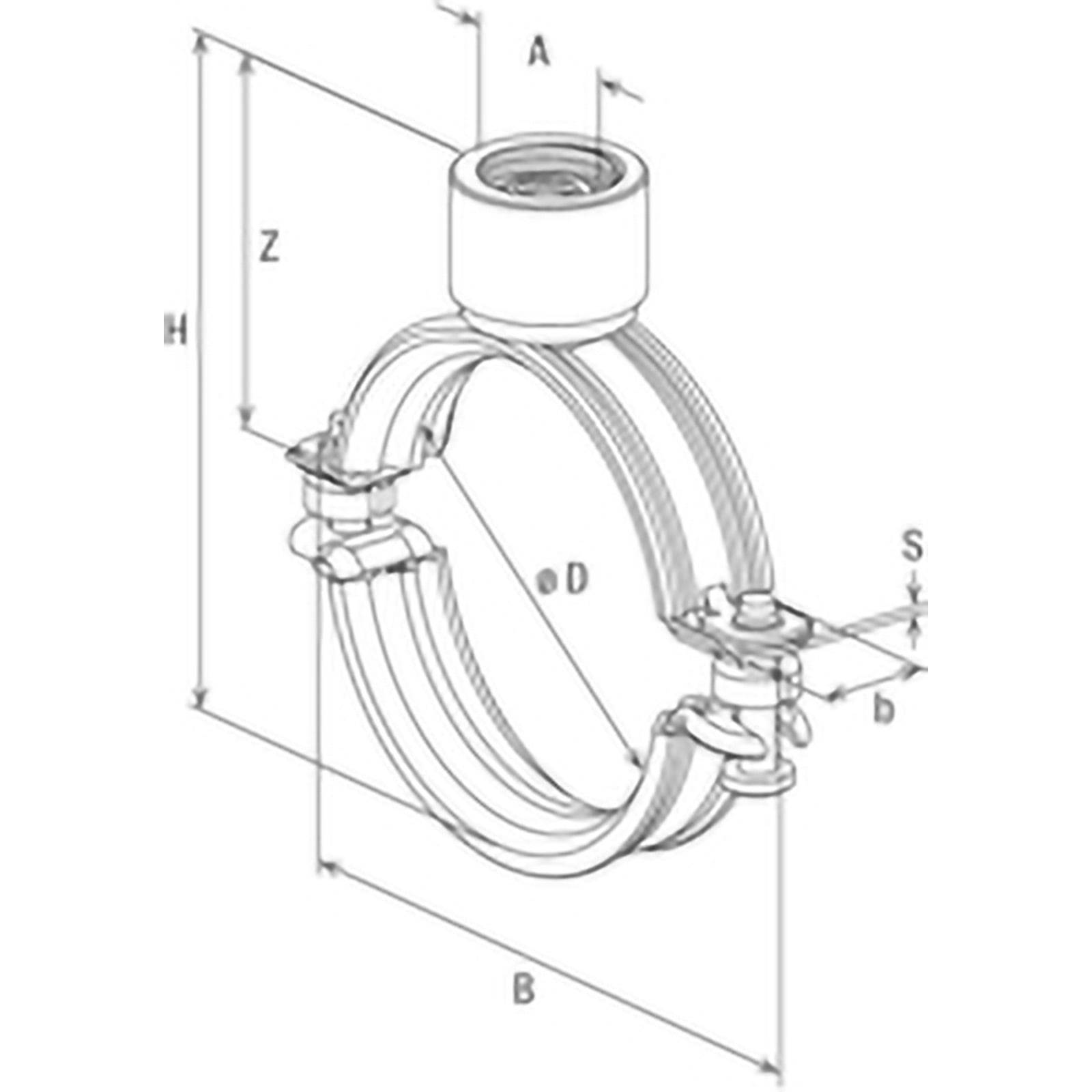 Technische Zeichnung einer Rohrschelle mit Maßangaben; beschriftete Dimensionen A, B, D, H, S, Z, b, e. Zeigt eine Seitenansichtsperspektive.