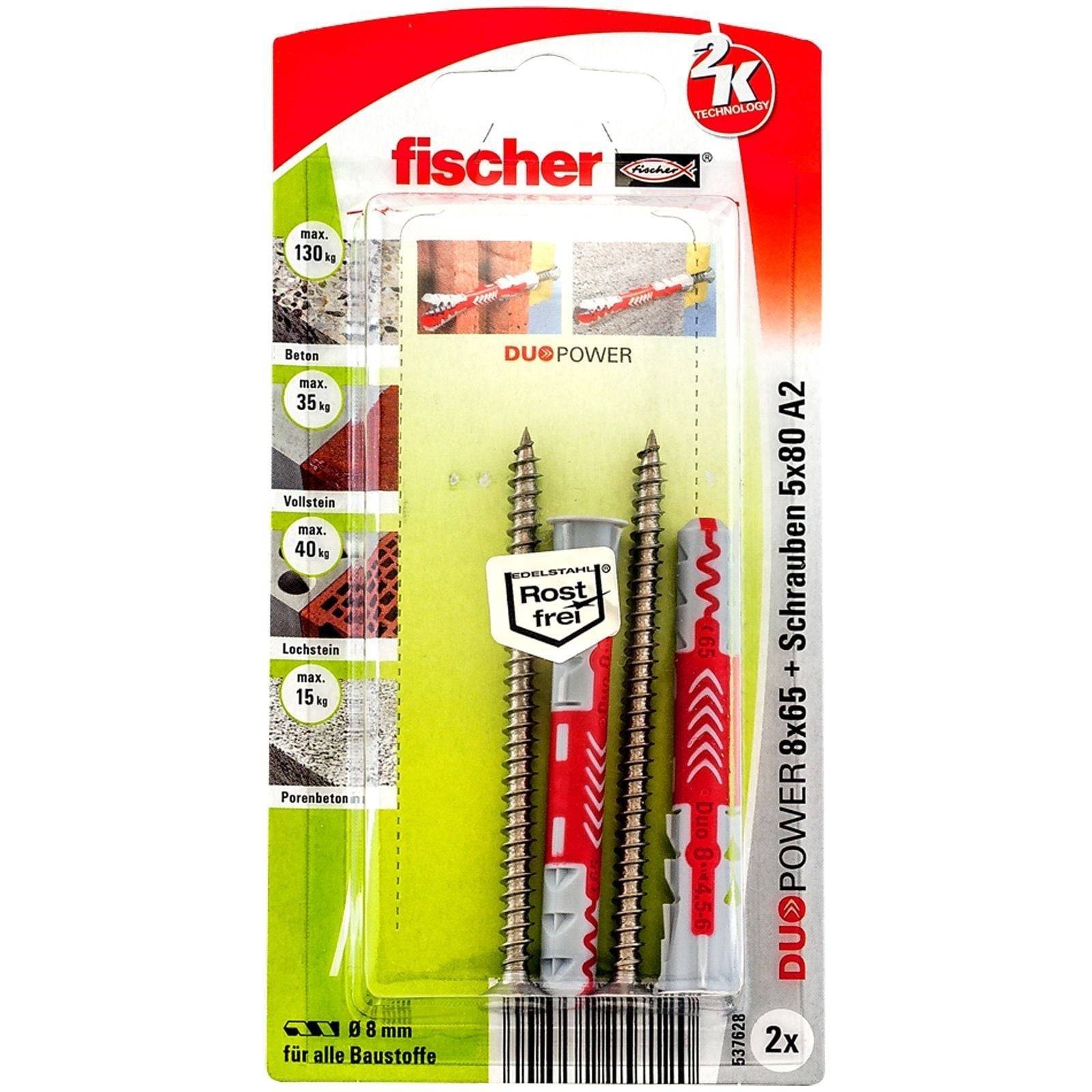 Fischer DuoPower Dübel- und Schraubensatz in Verpackung. Enthält 8x65mm und 5x80mm Schrauben. Geeignet für verschiedene Baumaterialien.