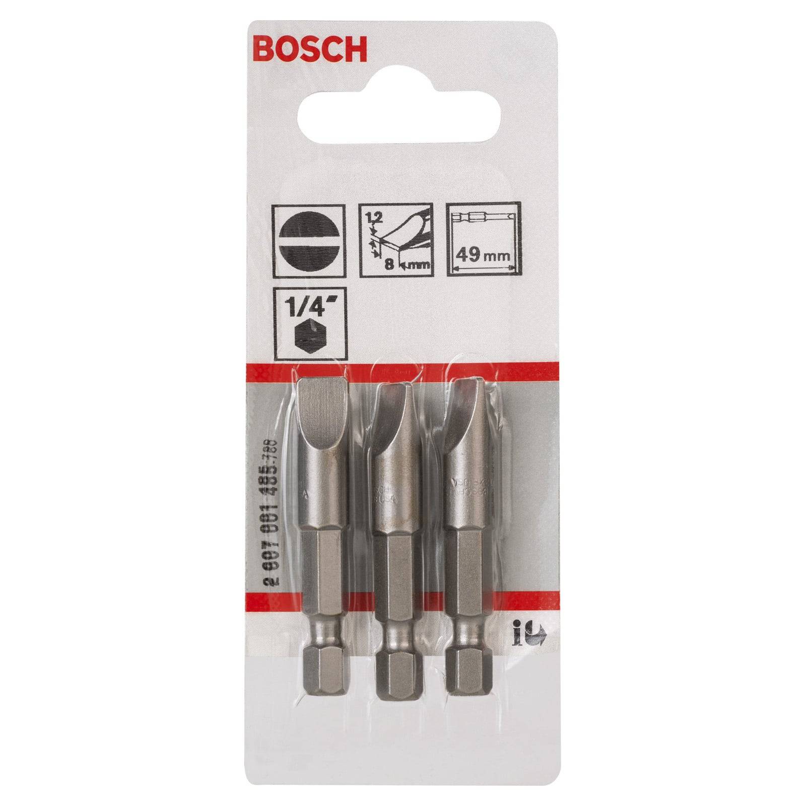 Verpackung von Bosch 1/4-Zoll-Bohrern, Dreier-Set. Jeder Bohrer ist mit Spezifikationen beschriftet: Durchmesser 12,8 mm, Länge 49 mm.