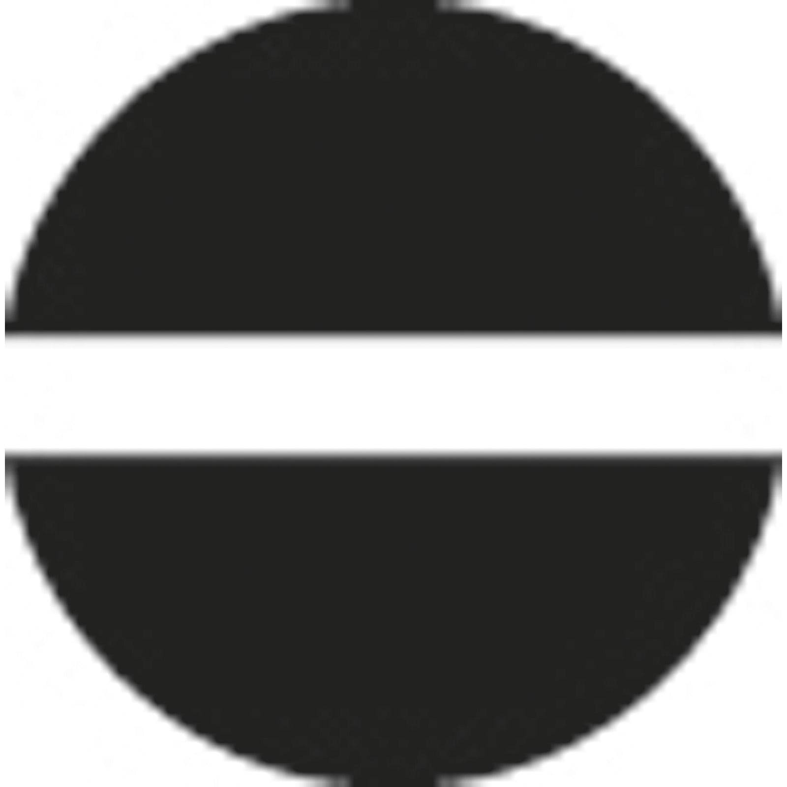 Ein schwarzer Kreis mit einem weißen horizontalen Band in der Mitte, ähnlich dem Verbotssymbol oder 'Zutritt verboten'-Zeichen.