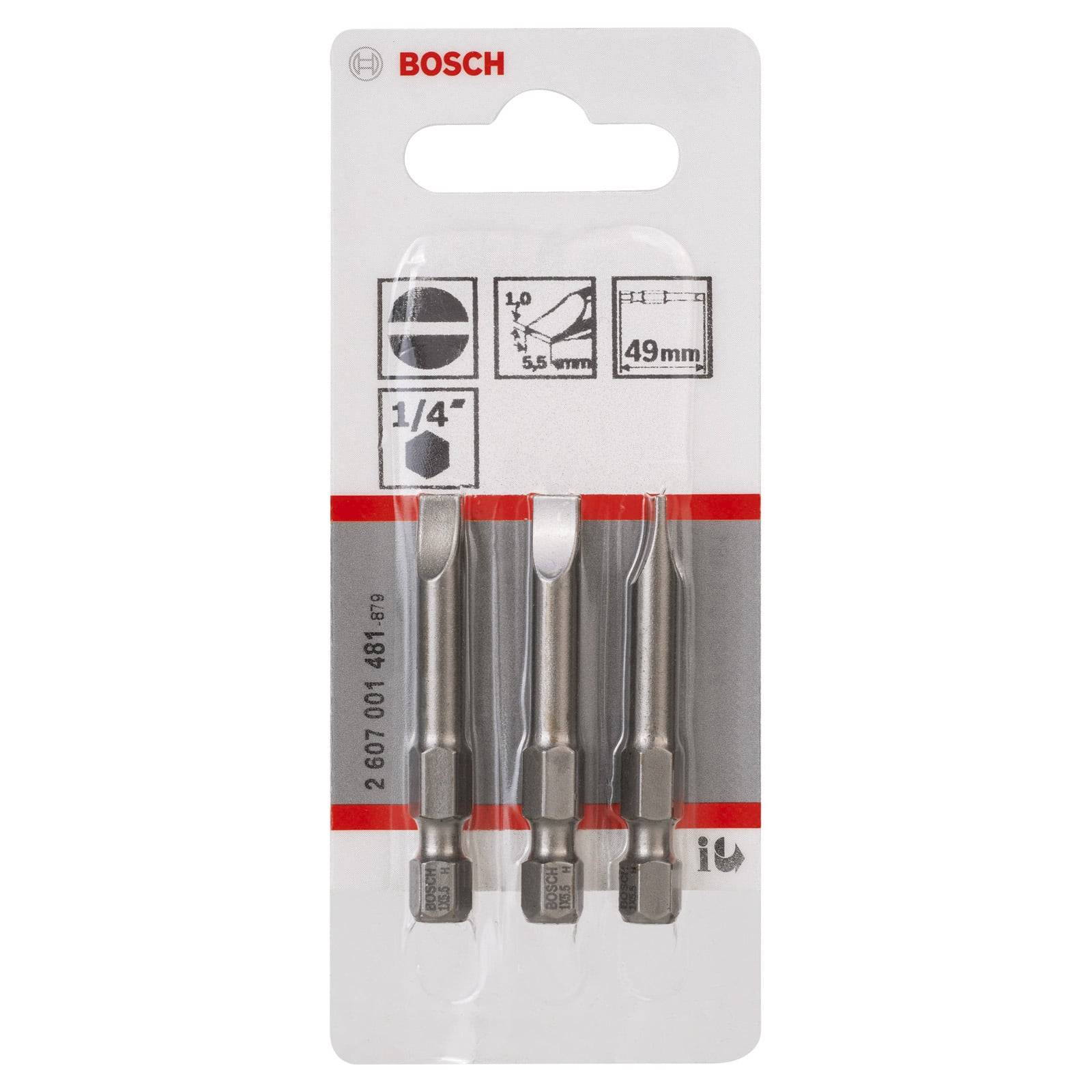 Ein Paket mit drei Bosch Meißelförmigen Werkzeugbits mit 1/4-Zoll-Sechskantschäften, geeignet für Holzbearbeitungsanwendungen.
