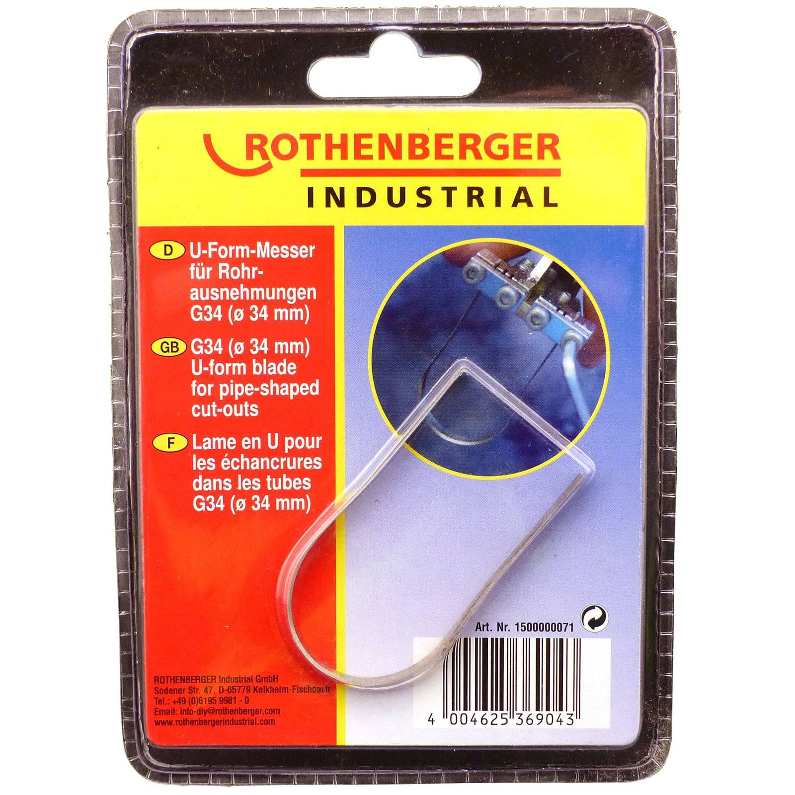 ROTHENBERGER INDUSTRIAL U-förmige Klinge für rohrförmige Ausschnitte, Größe G34 (34 mm), mit Produktabbildung, verpackt in einer Blisterverpackung.