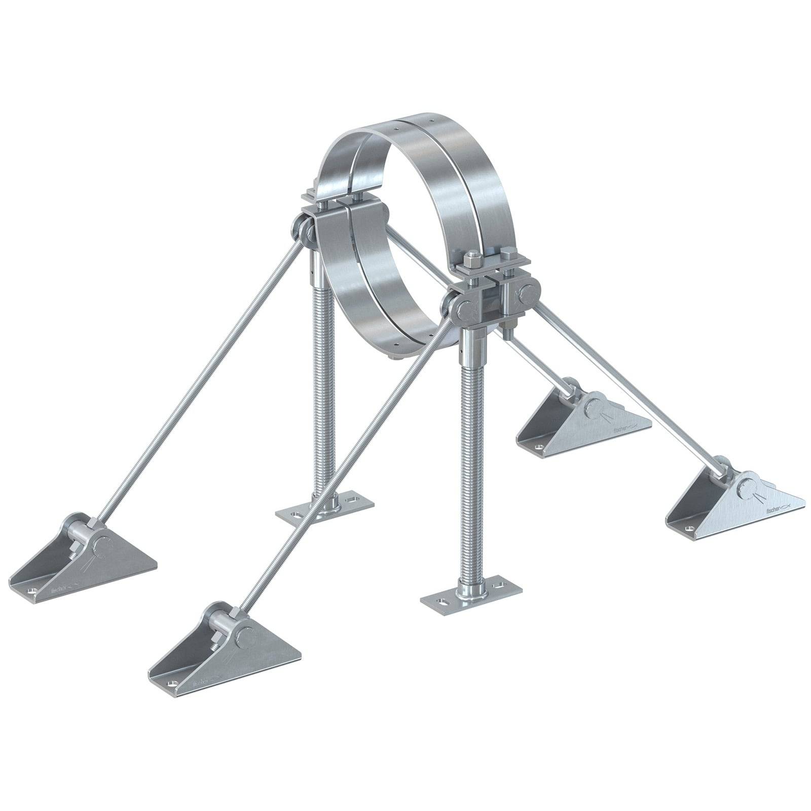 Eine Metallrohrklemme mit verstellbaren Armen und Grundplatten zur sicheren Befestigung auf ebenen Oberflächen, entwickelt für industrielle Anwendungen.