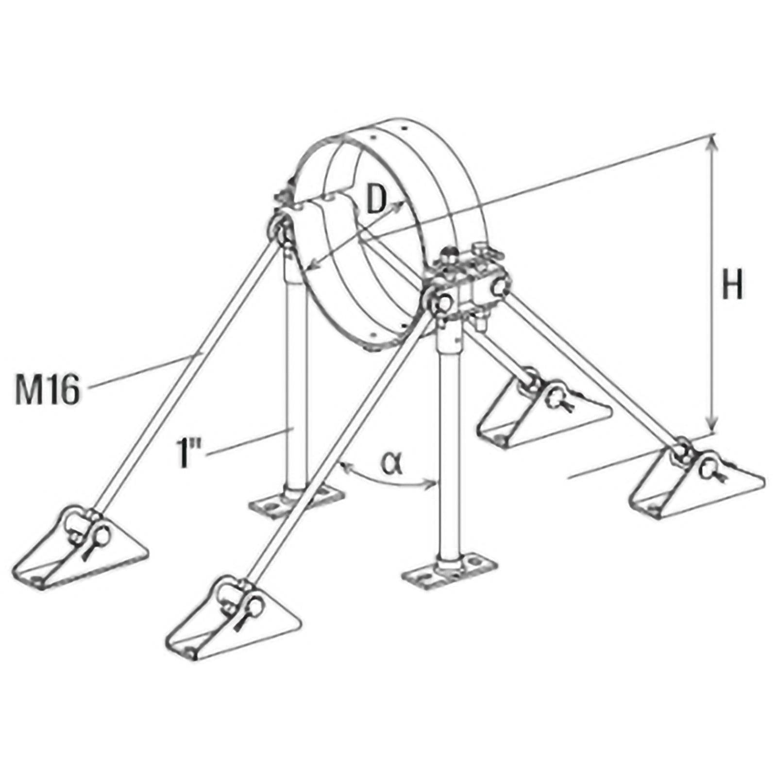 Diagramm eines Rohrstützsystems mit Abmessungen: Durchmesser ‚D', Höhe ‚H' und Winkel. Anmerkungen beinhalten ‚M16' und ‚1