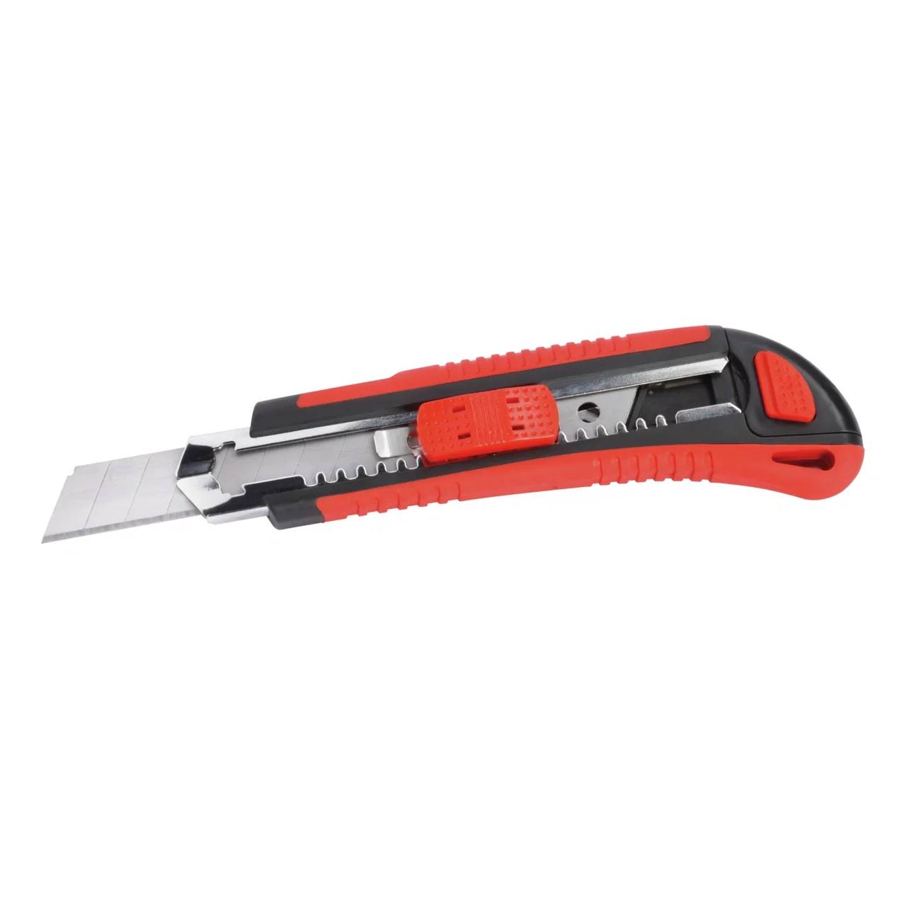 Rot-schwarzes Universalmesser mit ausziehbarer Klinge auf weißem Hintergrund.