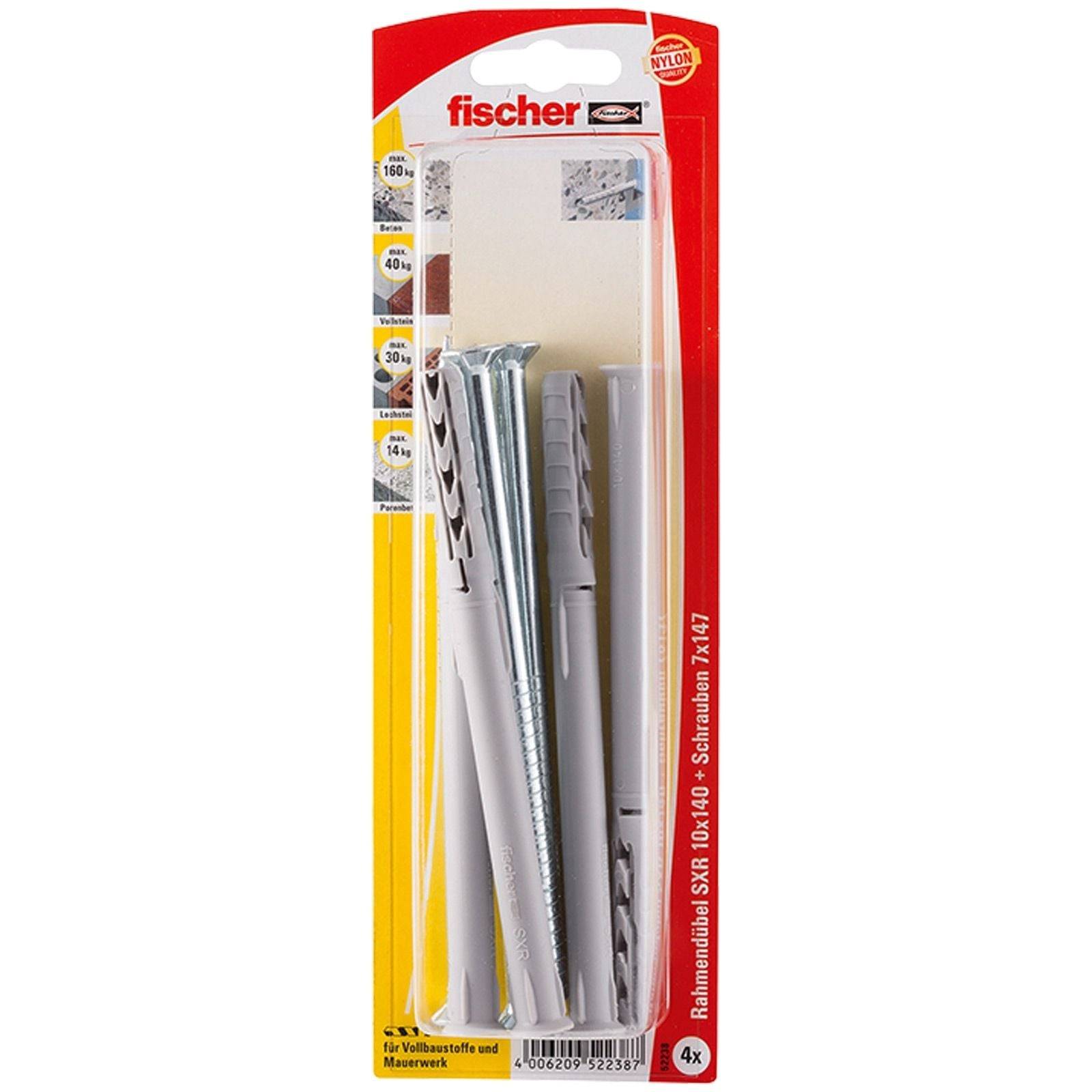 Fischer Wanddübel-Packung; enthält 4 Metall- und Kunststoffdübel zur Befestigung auf verschiedenen Oberflächen, in den Größen 10x80-7x47 mm.