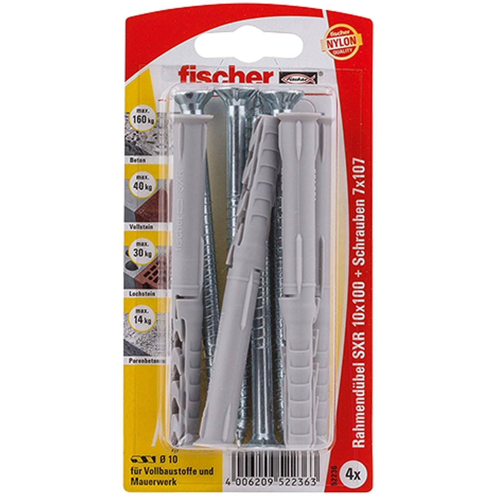 Fischer SXR 10x100 Schrauben und Dübel-Set für verschiedene Materialien, enthält 4 Stück, unterstützt Lasten bis zu 160 kg, aus Nylon gefertigt.