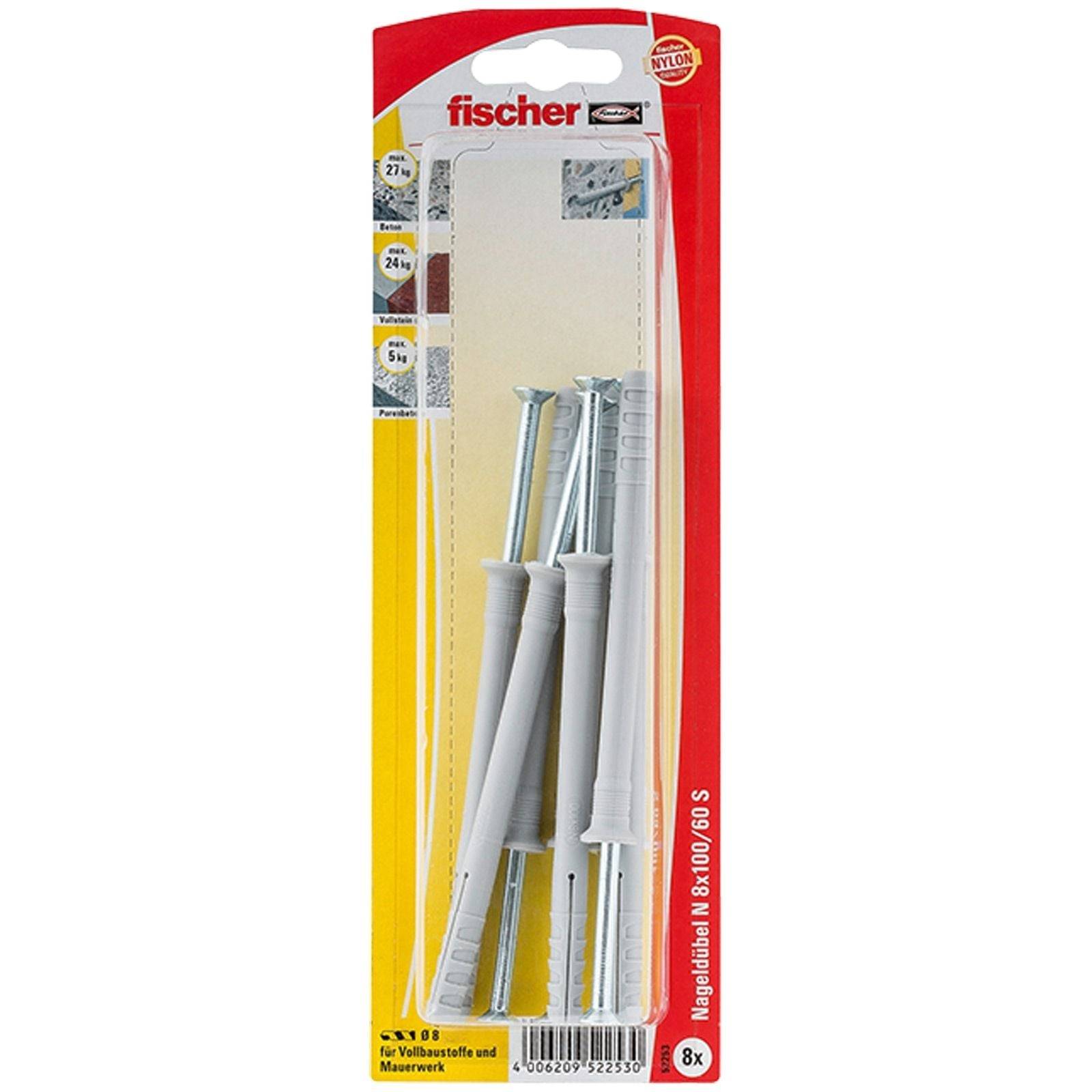 Fischer Dübel und Schrauben, Größe 7x50, in einer versiegelten Verpackung, konzipiert für den Einsatz in massiven Baustoffen. Enthält 8 Stück.