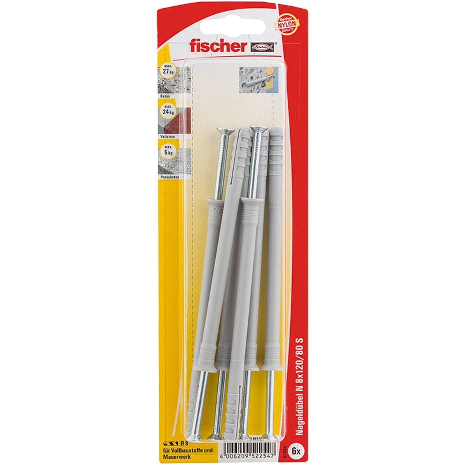 Paket mit sechs Fischer Wanddübeln und Schrauben in verschiedenen Größen, geeignet für das Befestigen in unterschiedlichen Materialien.