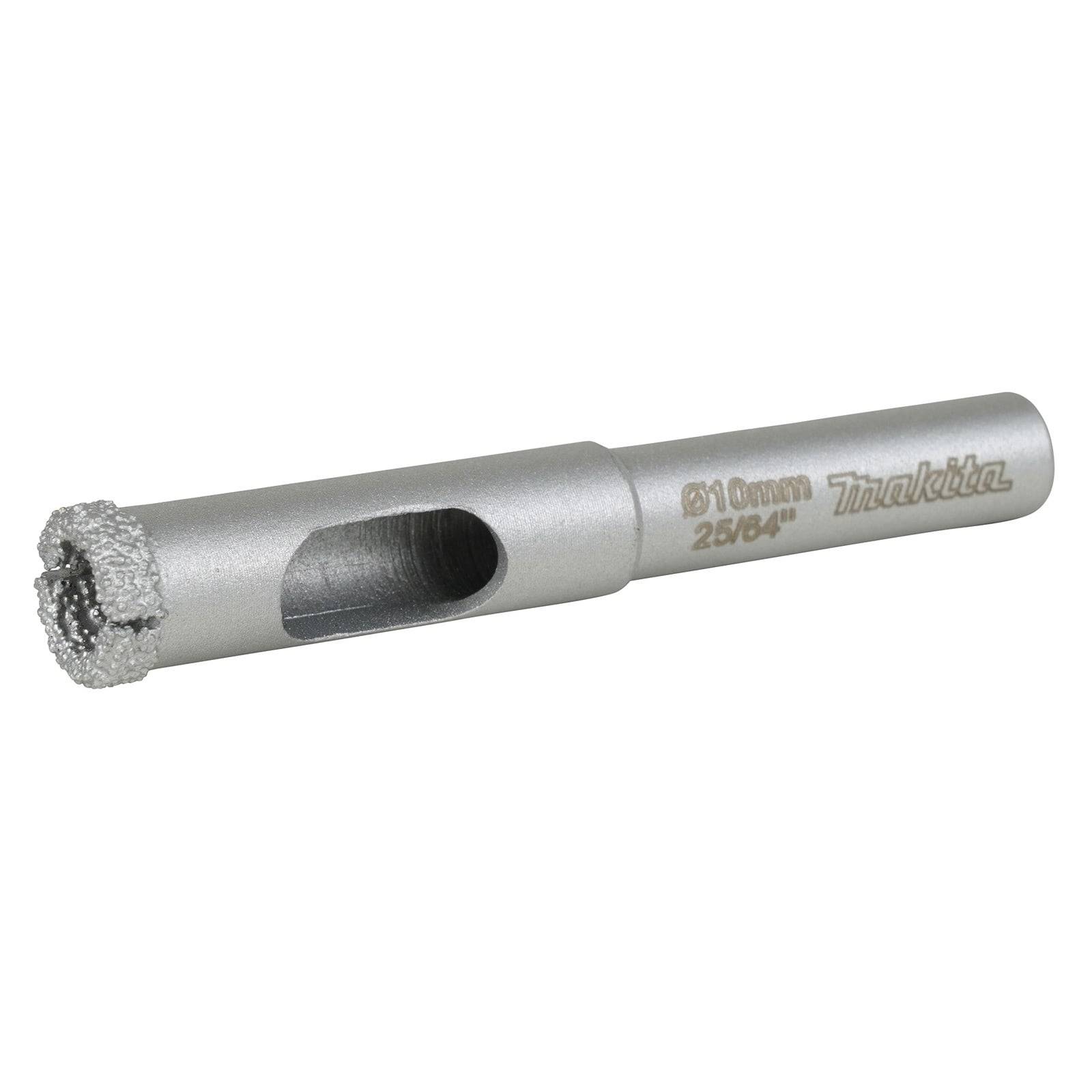 Ein silberner Makita Diamantbohrer, 26/64 Zoll im Durchmesser, verwendet zum Bohren harter Materialien wie Fliesen und Glas, mit Lasergravur.