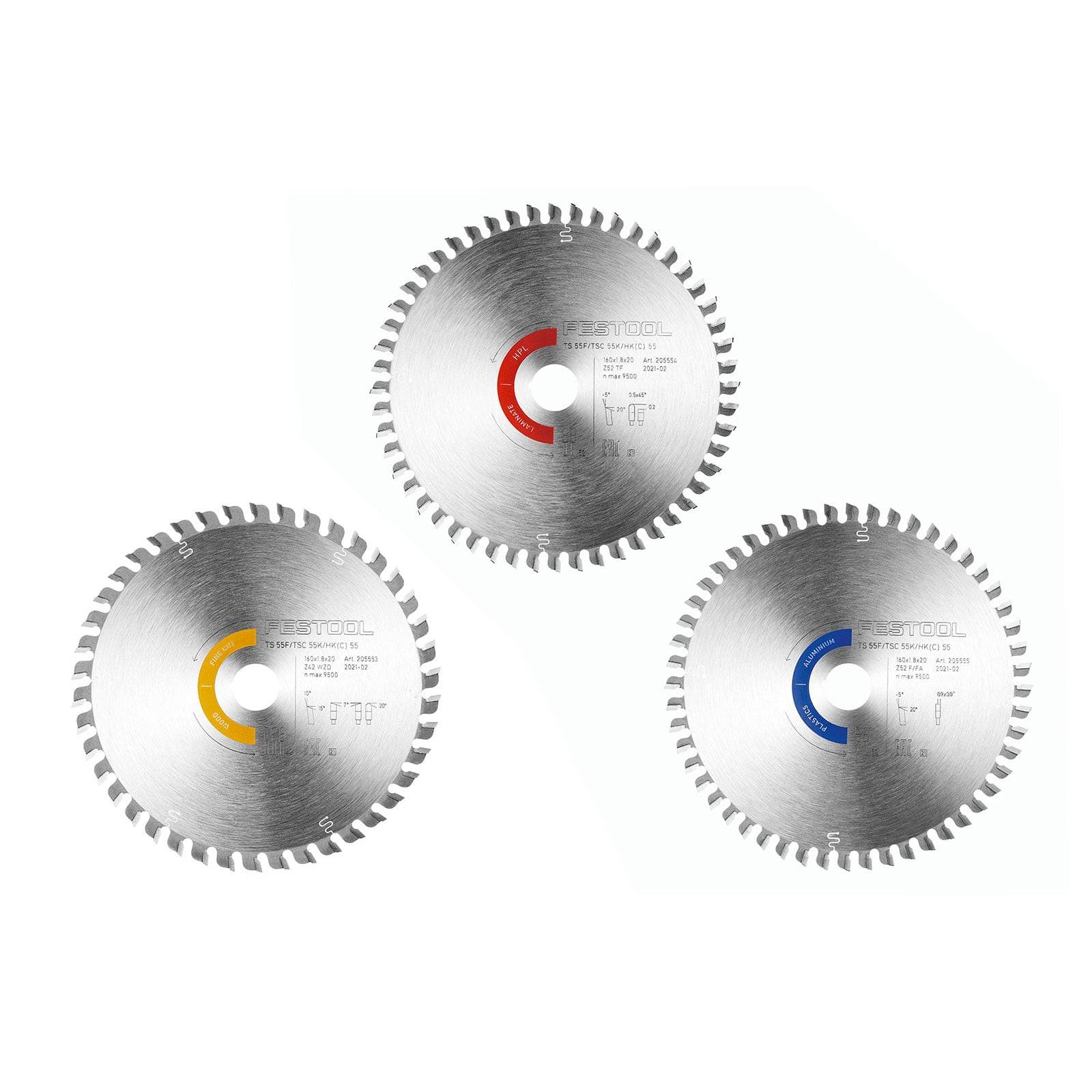 Drei Kreissägeblätter in Silber mit farbcodierten Zentren: rot, gelb und blau; verwendet zum Schneiden verschiedener Materialien.