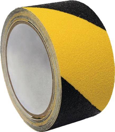Eine Rolle schwarzes und gelbes rutschfestes Klebeband mit diagonalen Streifen, das häufig zur Markierung gefährlicher Bereiche oder zur Verbesserung der Sicherheit auf Treppen verwendet wird.