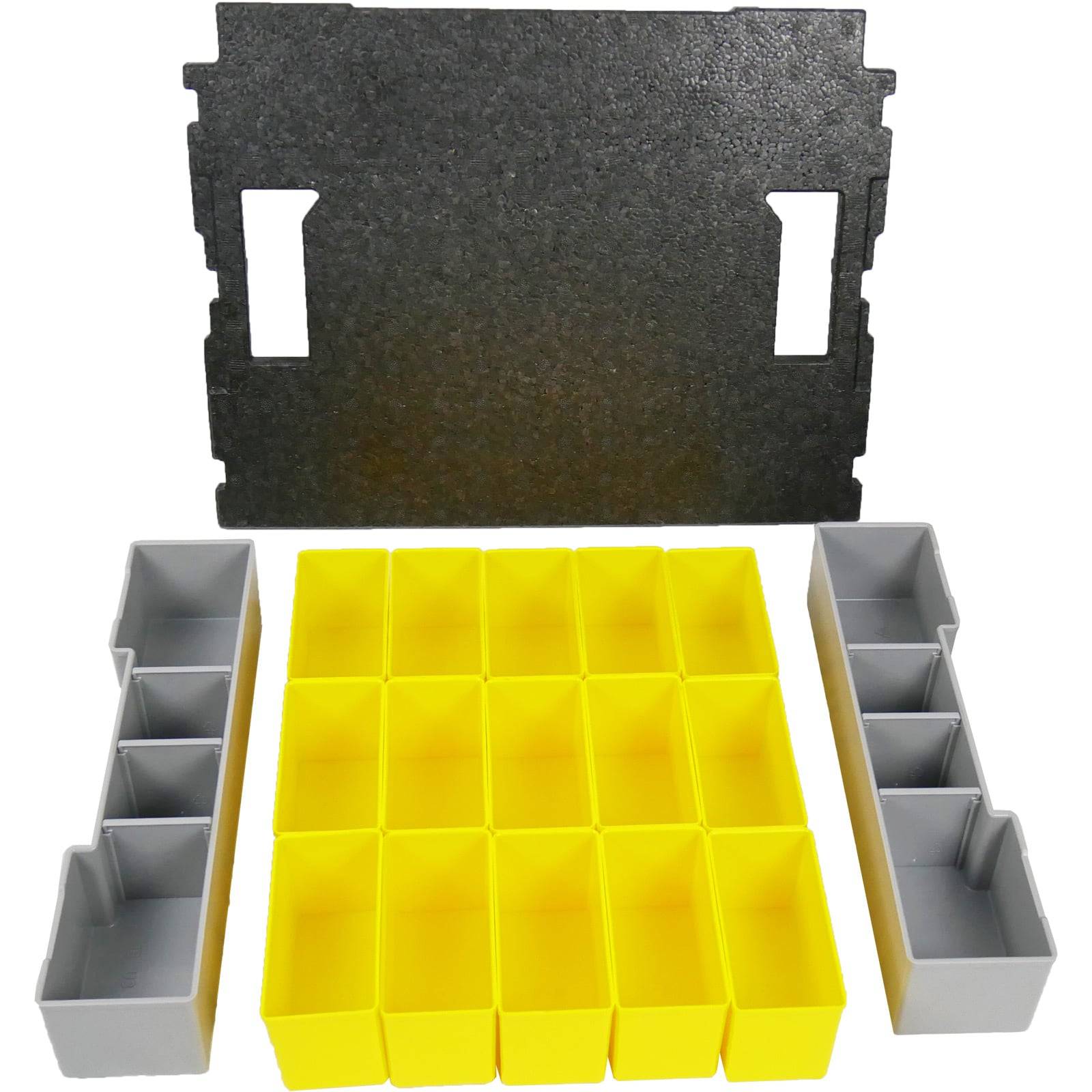 Schwarze Schaumstoffplatte mit drei Reihen gelber quadratischer Behälter und grauer rechteckiger Behälter, verwendet zur Lagerung und Organisation.