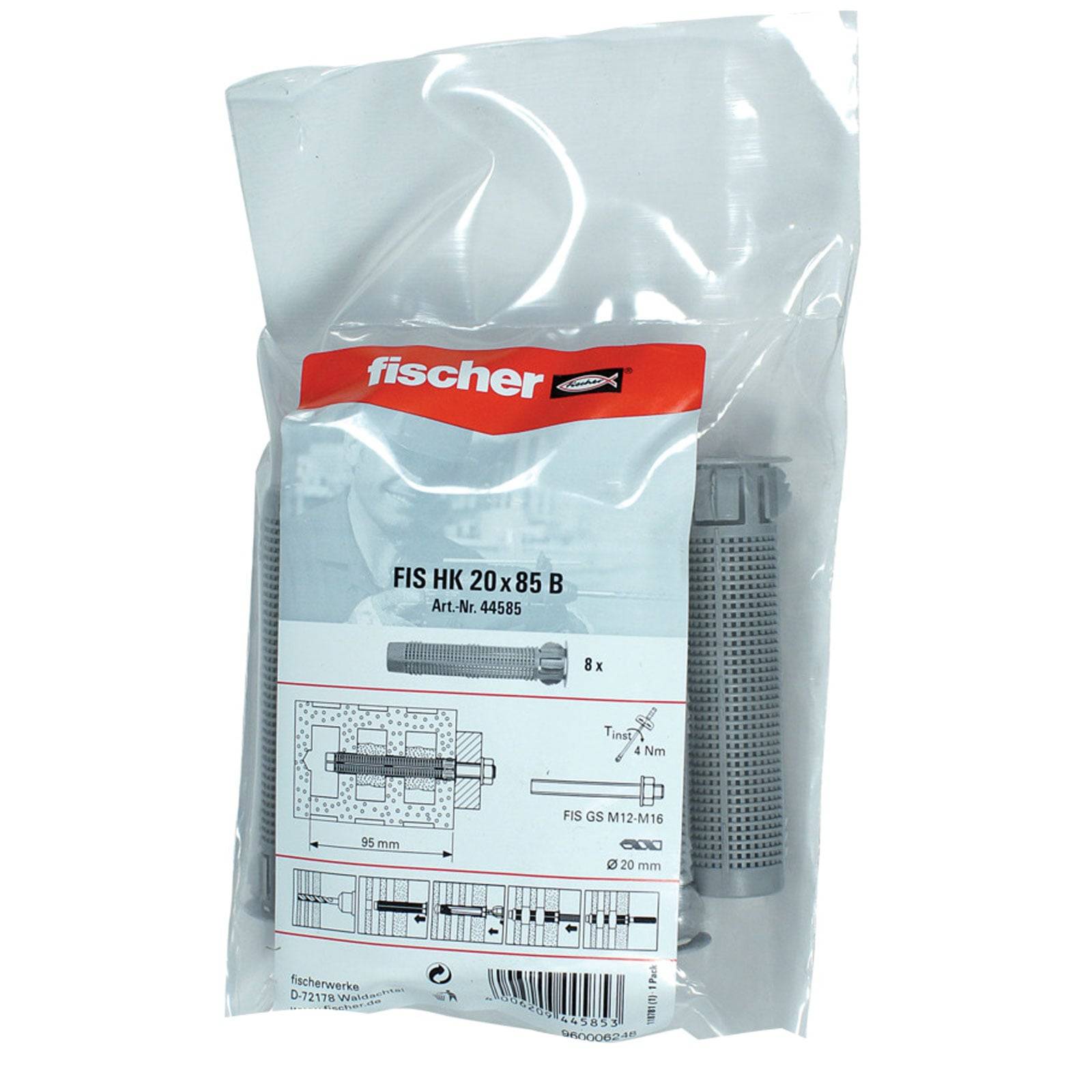 Eine Packung Fischer FIS HK 20x85 B Anker, beschriftet mit Produktdetails, einschließlich Maßangaben und Gebrauchsanweisung.