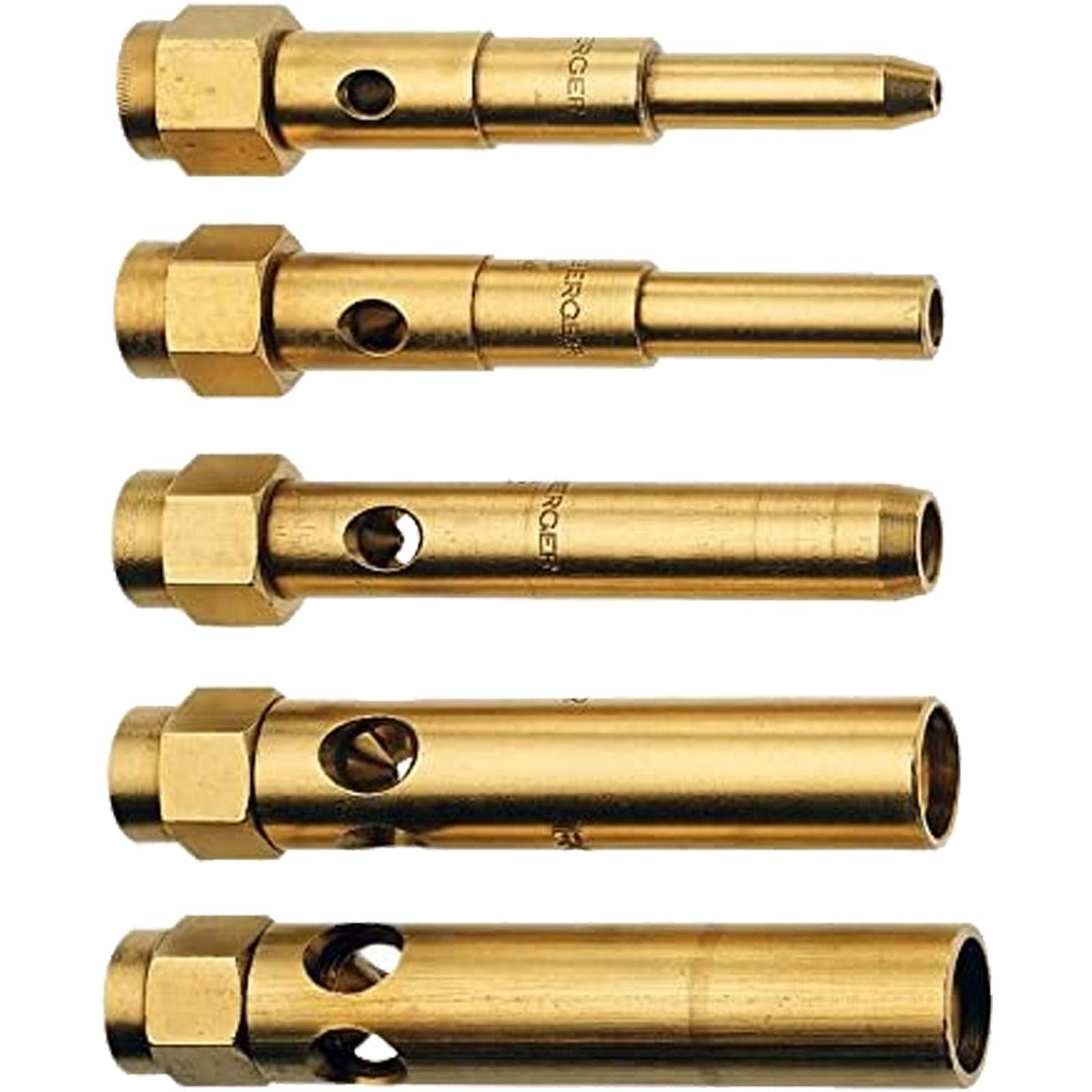 Fünf verschiedene Messingtüllen, die jeweils unterschiedliche Formen und Lochmuster aufweisen, vertikal angeordnet, um Designvariationen und Größenunterschiede zu präsentieren.