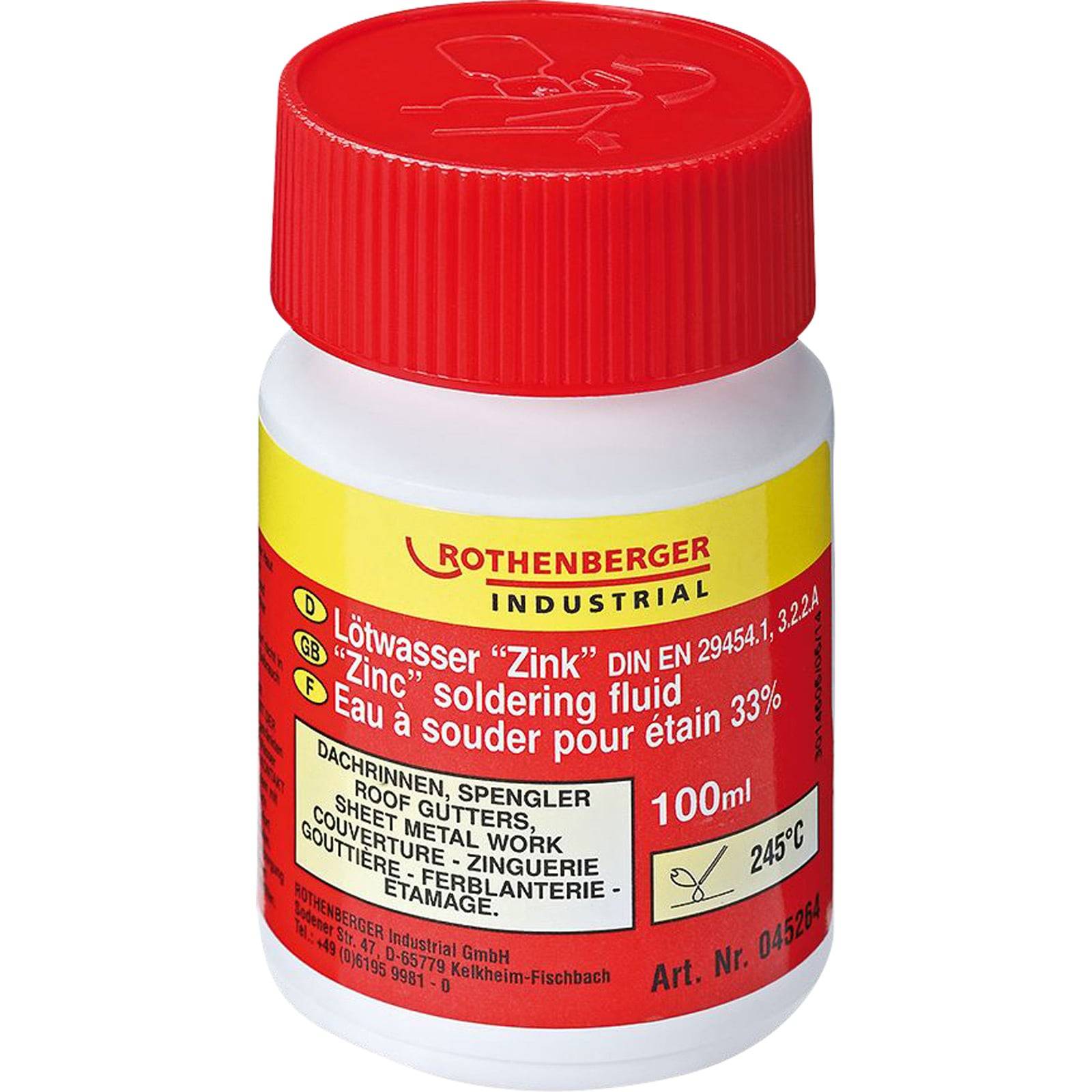 Eine Flasche mit rotem Deckel, beschriftet mit 'Rothenberger Industrial', enthält 100 ml Zinklötflüssigkeit. Der Text enthält Details in Deutsch, Englisch und Französisch.