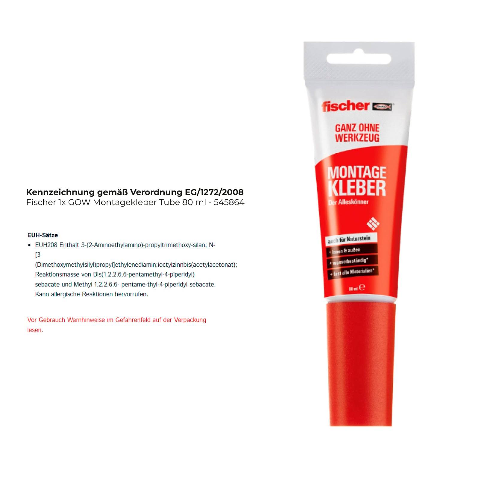 Tube Fischer Montageklebstoff, 80 ml, mit deutscher Kennzeichnung für sichere Verwendung und Anwendungshinweise.