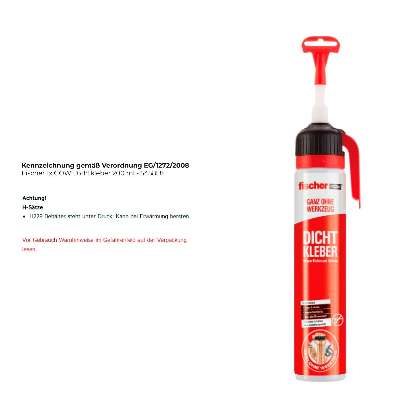 Ein roter Tube Fischer Dichtkleber mit deutscher Beschriftung zu Verwendungszwecken und Sicherheitshinweisen für Bauaufgaben.