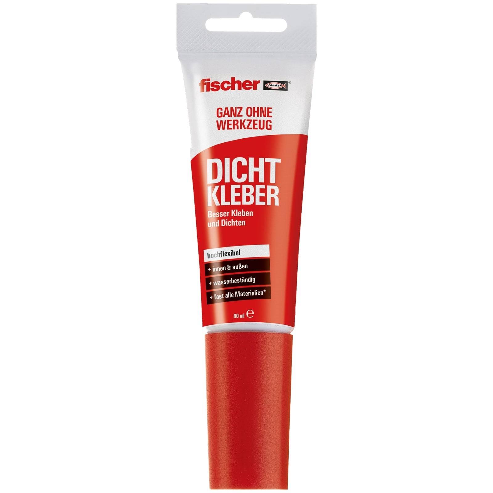 Rote Tube von Fischer 'Dicht Kleber' Dichtstoff, 80 mL, gekennzeichnet zum Abdichten und Verkleben ohne Werkzeuge, geeignet für die meisten Materialien.