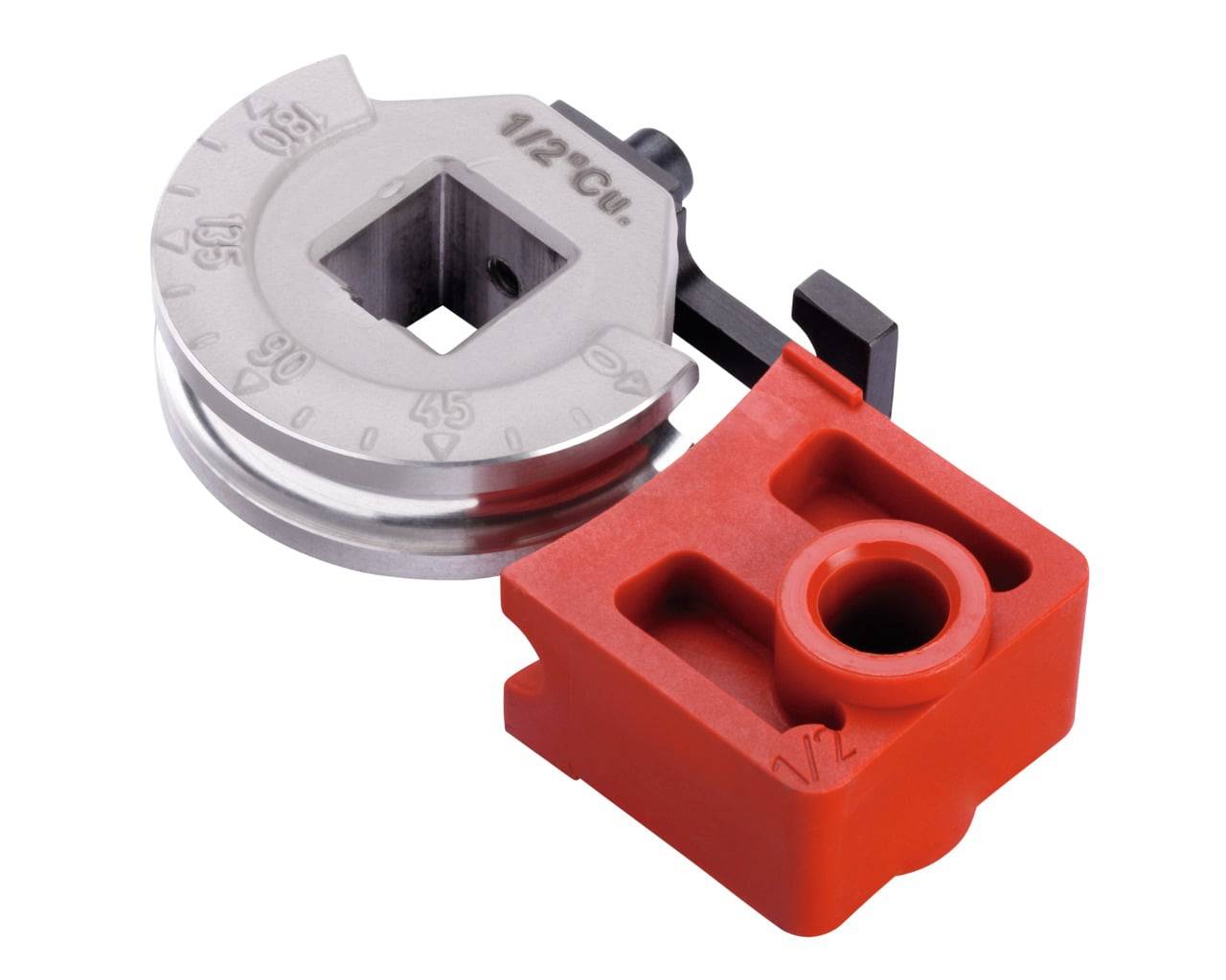 Ein Metallrohrbieger mit einer roten Kunststoffbasis und einem rotierenden Metallkopf, der mit Gradmessungen für Biegewinkel markiert ist.