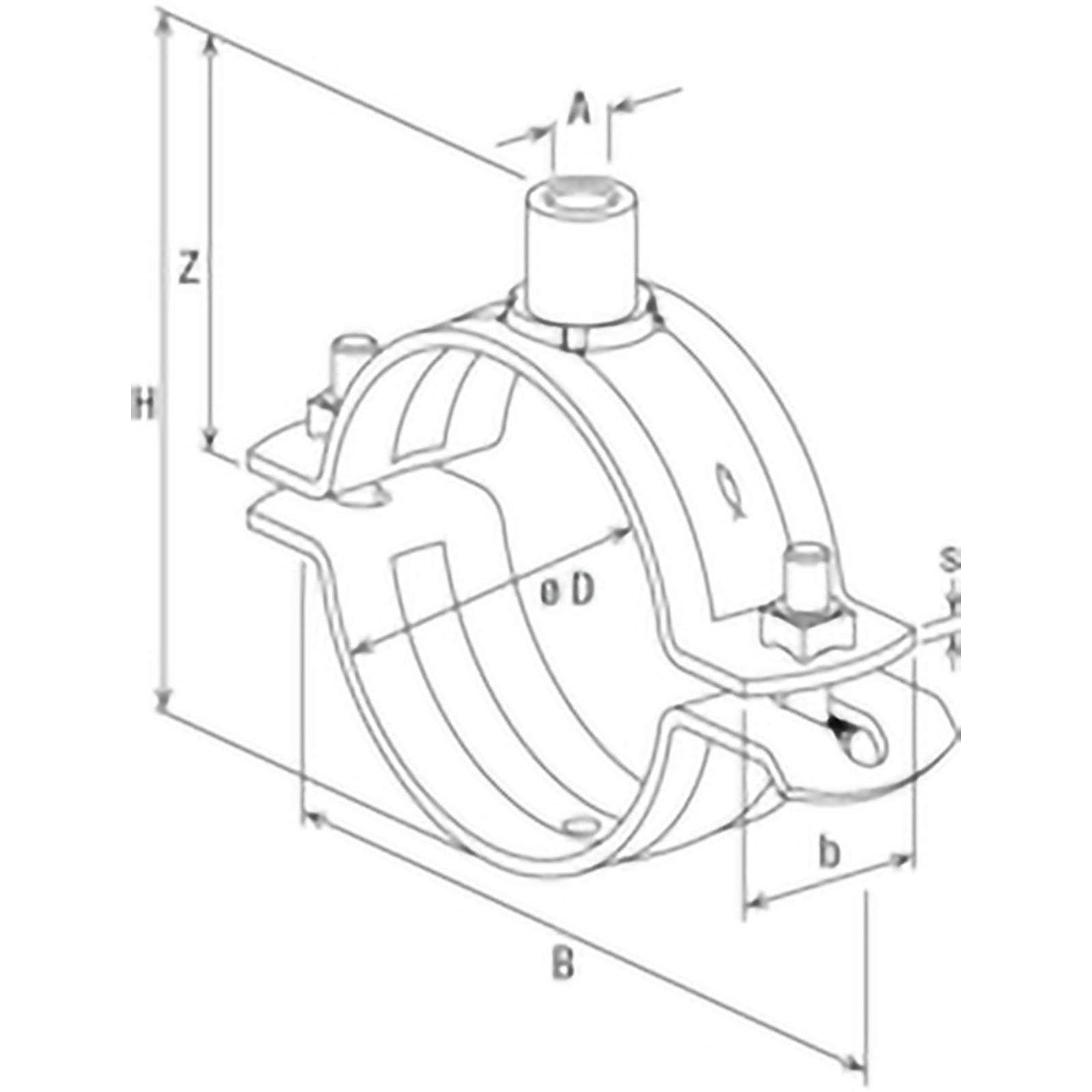 Technische Zeichnung einer Rohrschelle mit beschrifteten Abmessungen, die verschiedene Maße wie Höhe (H), Breite (B) und Durchmesser (D) zeigt.